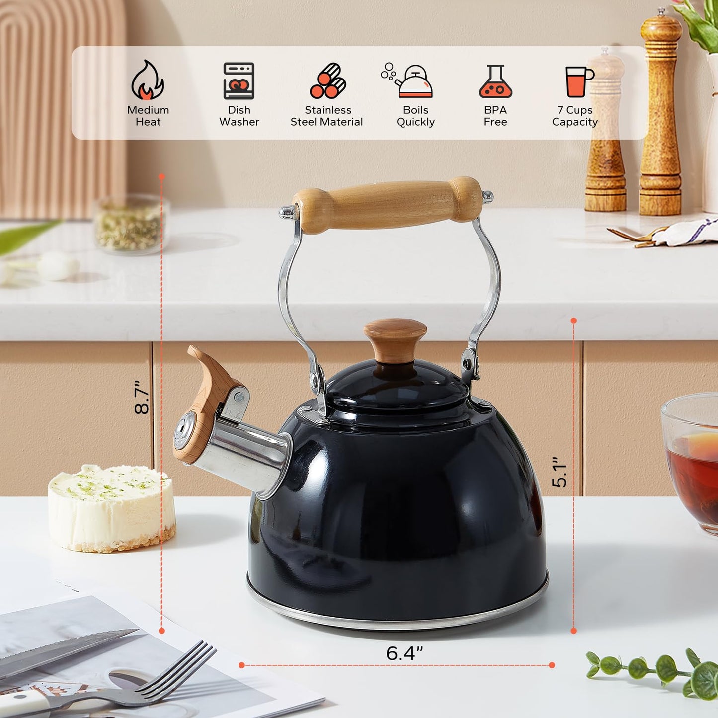 ROCKURWOK Tea Kettle, Tea Pot with Cool Touch Ergonomic Handle, Teapot Food Grade Stainless Steel, Tea Kettle Stovetop, Kettle Teapot, Whistling Tea Kettle, Small Tea Kettle, 1.6 Quart (Green)