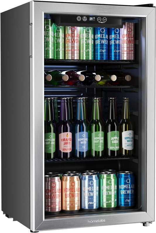 hOmeLabs Beverage Refrigerator and Cooler - Mini Fridge with Glass Door for Soda Beer or Wine - 120 Cans Capacity - Small Drink Dispenser Machine for Office or Bar with Adjustable Removable Shelves