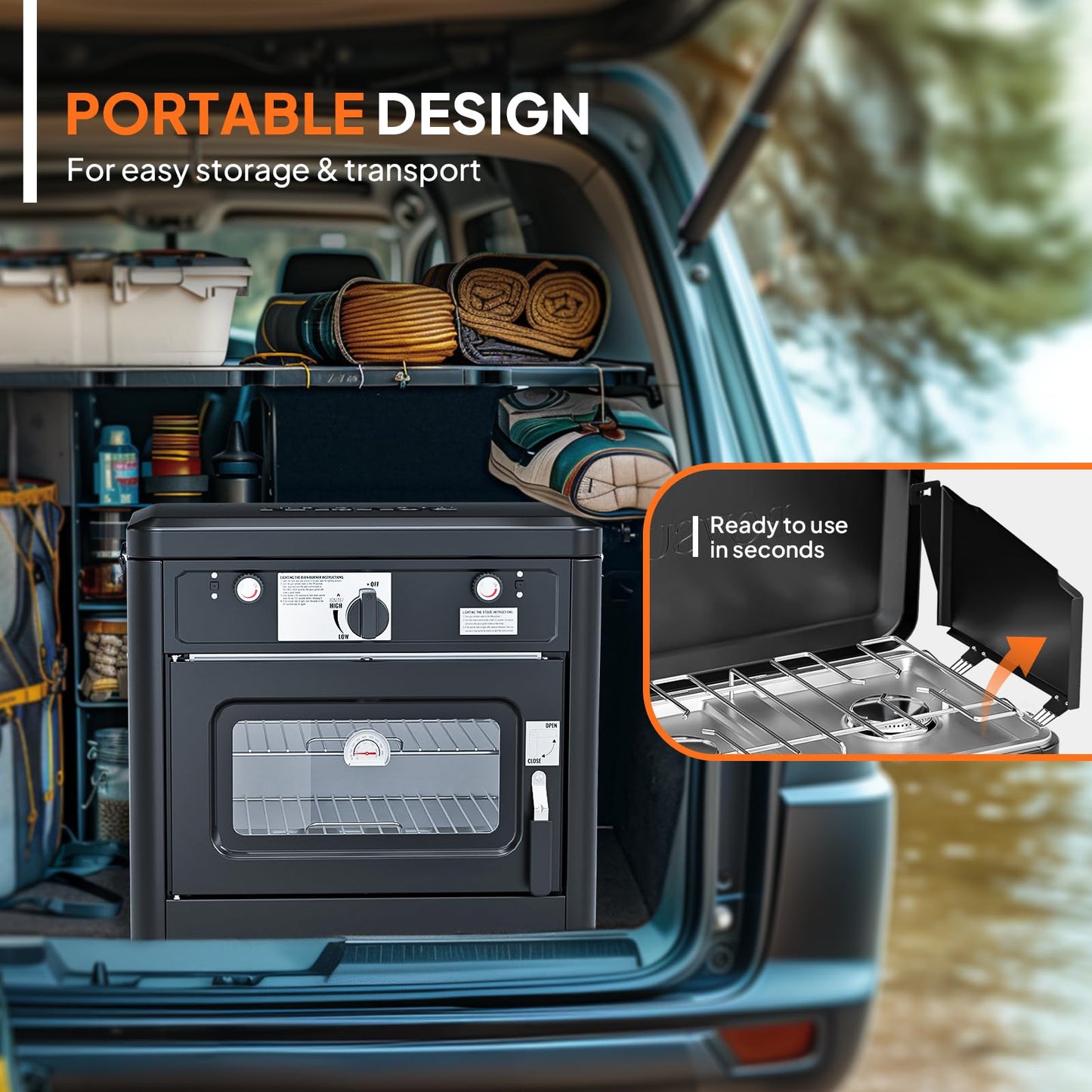 ROVSUN 2-in-1 Portable Camping Stove & Propane Oven with Piezo Igniter, 2 Burner Stove & Outdoor Oven with Adjustable Fire, Thermometer, Wind Panel & Regulator for Traveling, Tailgating (Black)