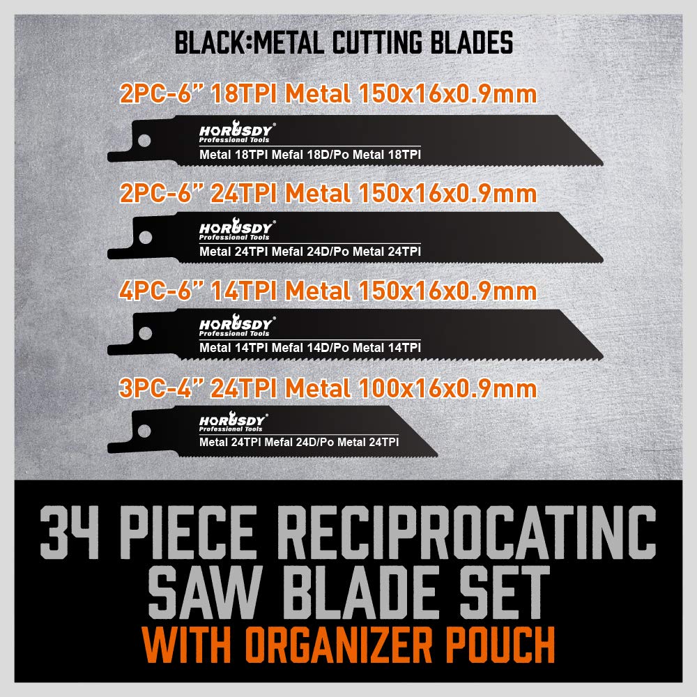 HORUSDY 34-Piece Reciprocating Saw Blades Set, Metal & Woodcutting Saw Blades, Saw Blades with Pouch.
