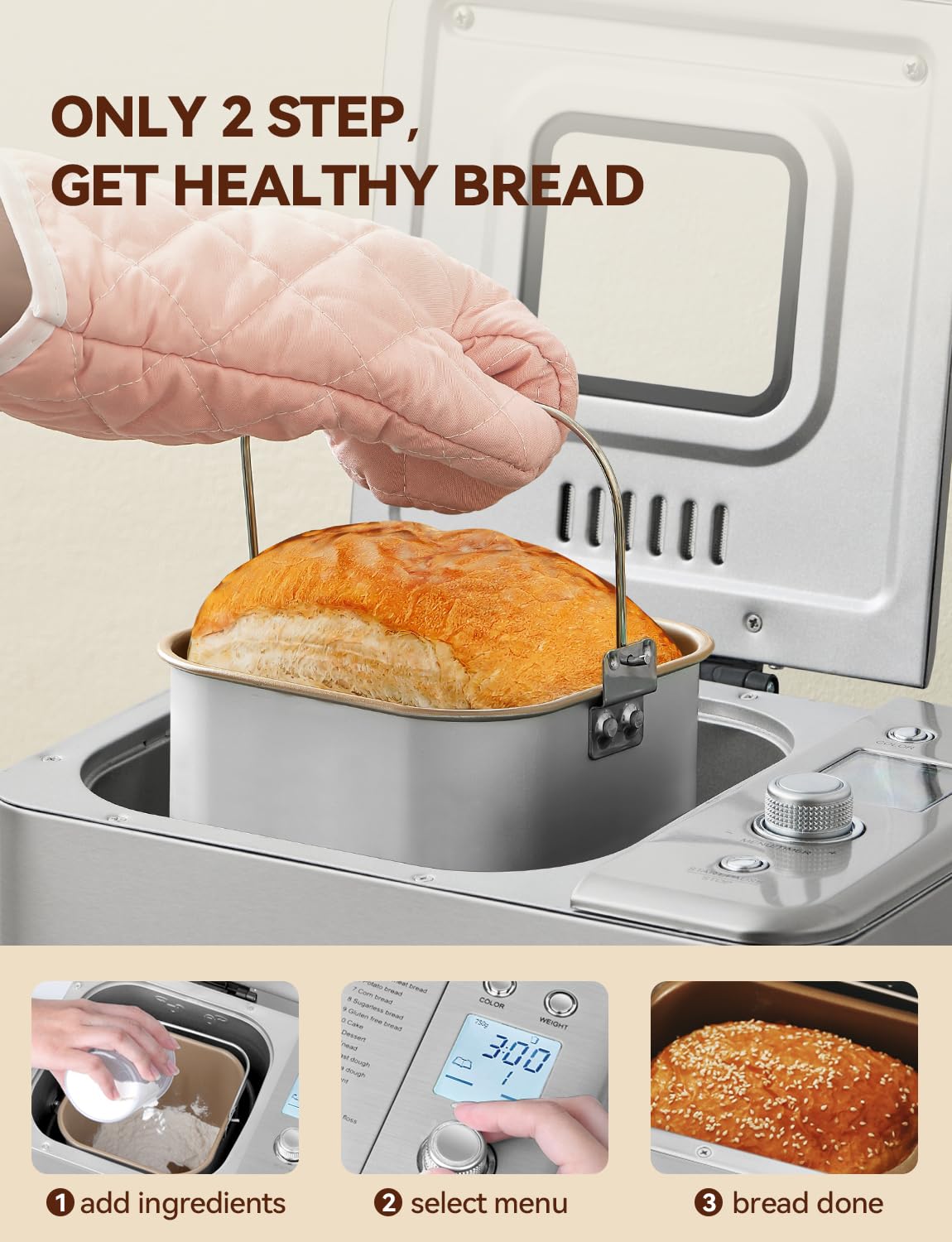 Neretva 20-IN-1 Bread Maker, Dual Heater 2LB Bread Machine Stainless Steel Bread Maker Machine Nonstick Ceramic Pan Compact for Gluten Free/Sourdough/Whole Wheat Bread/Yogurt, Breadmaker Recipe-Green