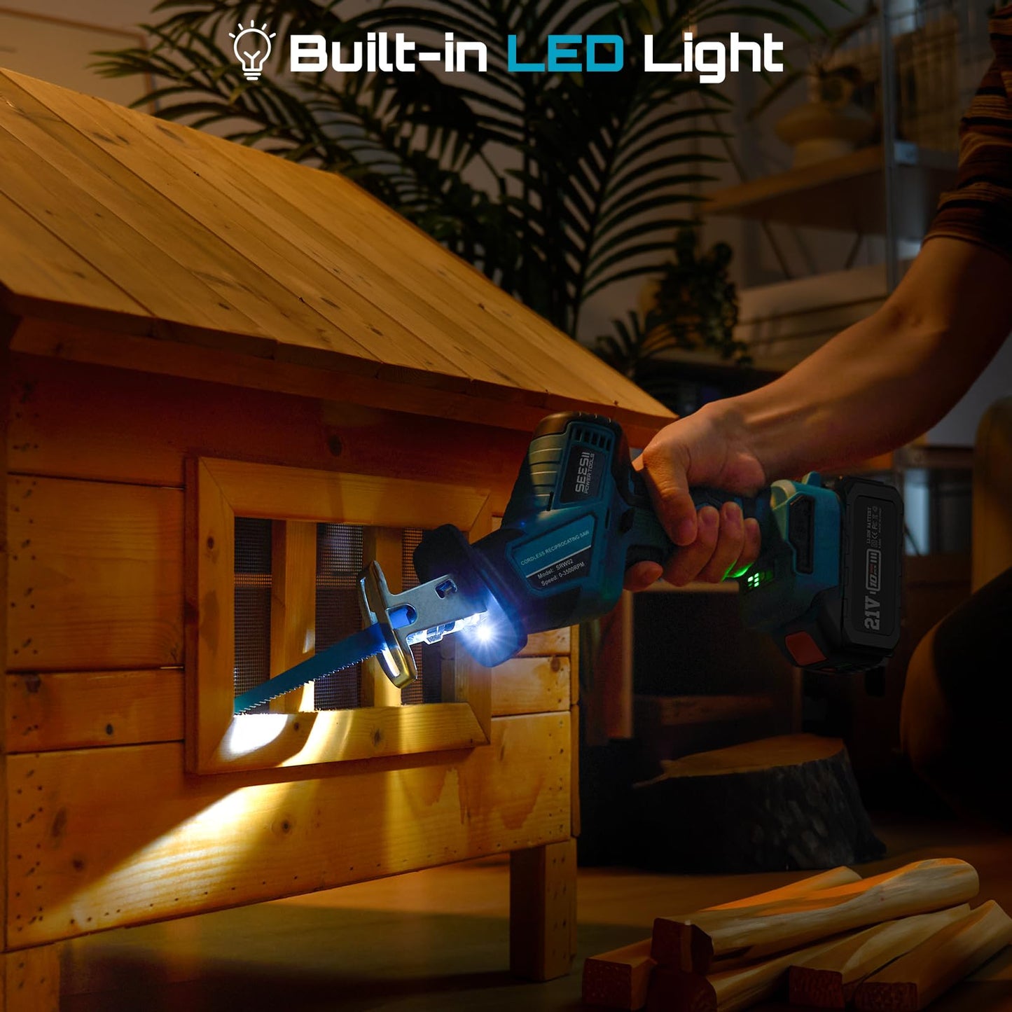 Seesii Reciprocating Saw Cordless, Variable Speed 3500 RPM Brushless Motor with 8 Saw Blades, 2 x 4.0Ah Batteries, LED Light, Tool‑Free Blade Change, Portable for Wood PVC Cutting