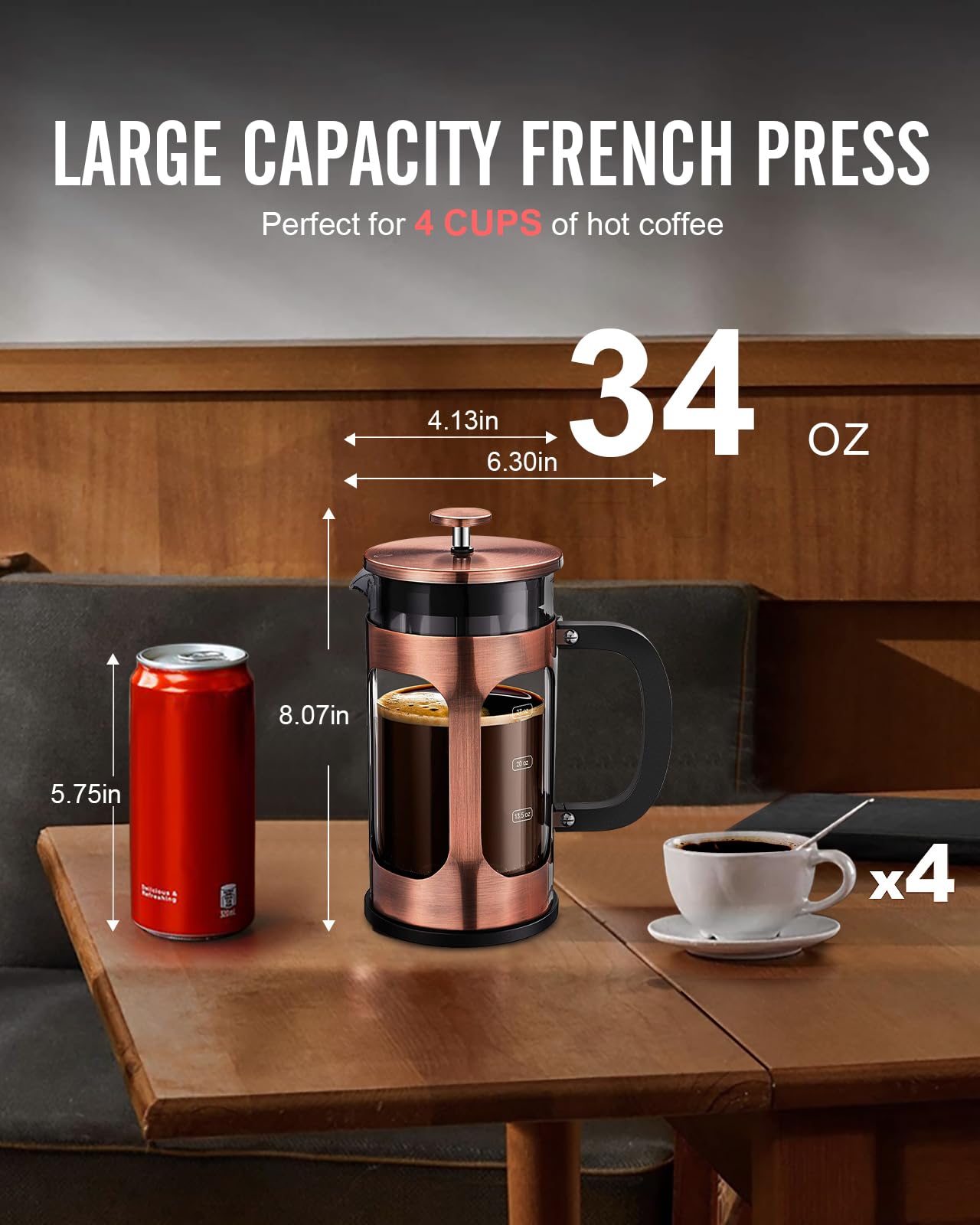BAYKA French Press Coffee Maker, Large 304 Stainless Steel Coffee Press, Cold Brew Heat Resistant Thickened Borosilicate Coffee Pot for Camping Travel Gifts, 34 Ounce, Dark Pewter