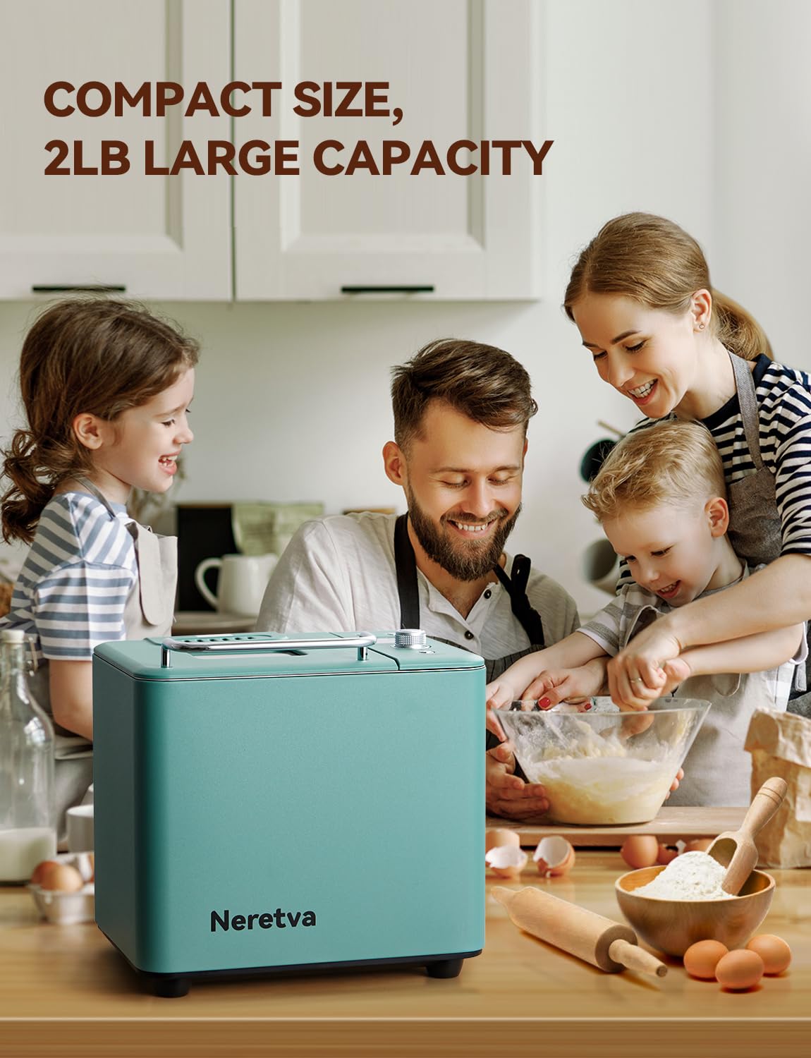 Neretva 20-IN-1 Bread Maker, Dual Heater 2LB Bread Machine Stainless Steel Bread Maker Machine Nonstick Ceramic Pan Compact for Gluten Free/Sourdough/Whole Wheat Bread/Yogurt, Breadmaker Recipe-Green