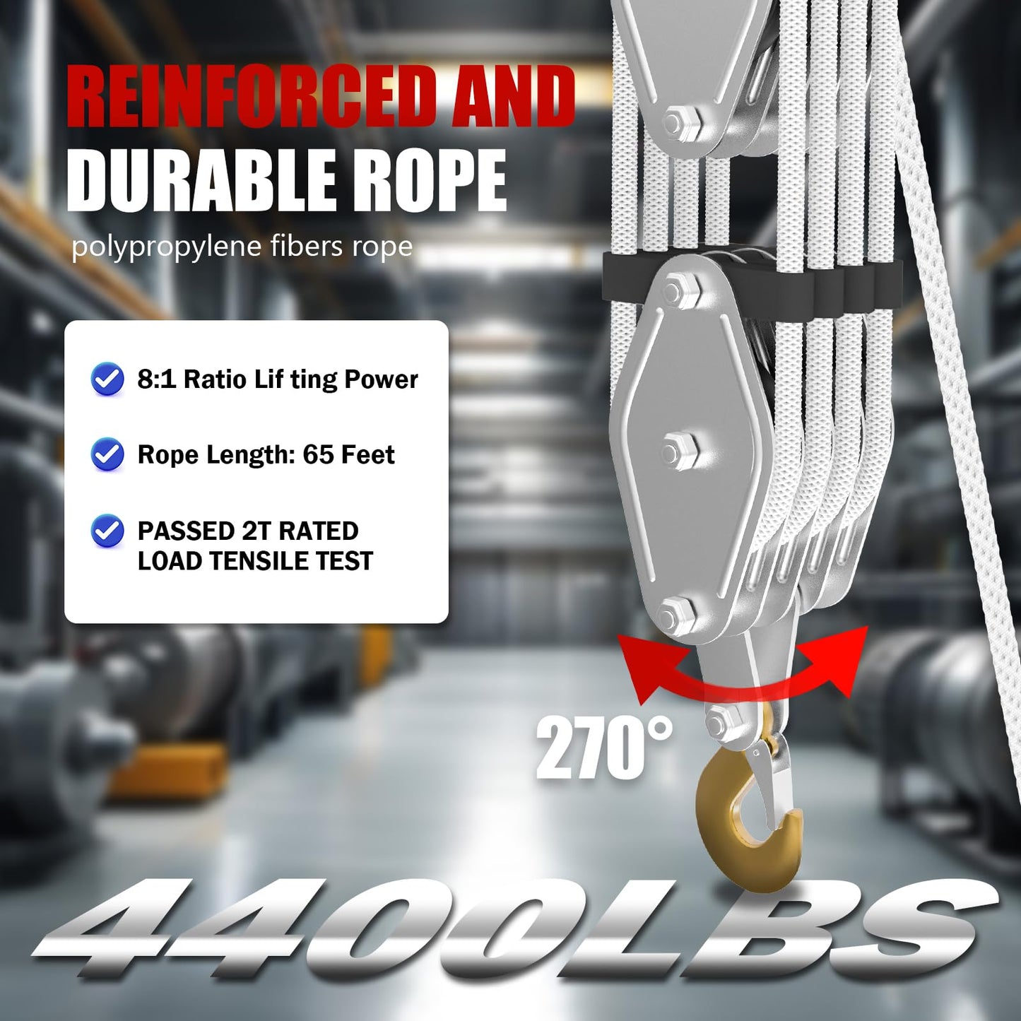 Rope Hoist Pulley System, 4400LB Pulley Block and Tackle, 8:1 Ratio Lifting Power 65ft, Heavy Duty Pulley Block for Lifting Pulling (with 2PCs Straps)