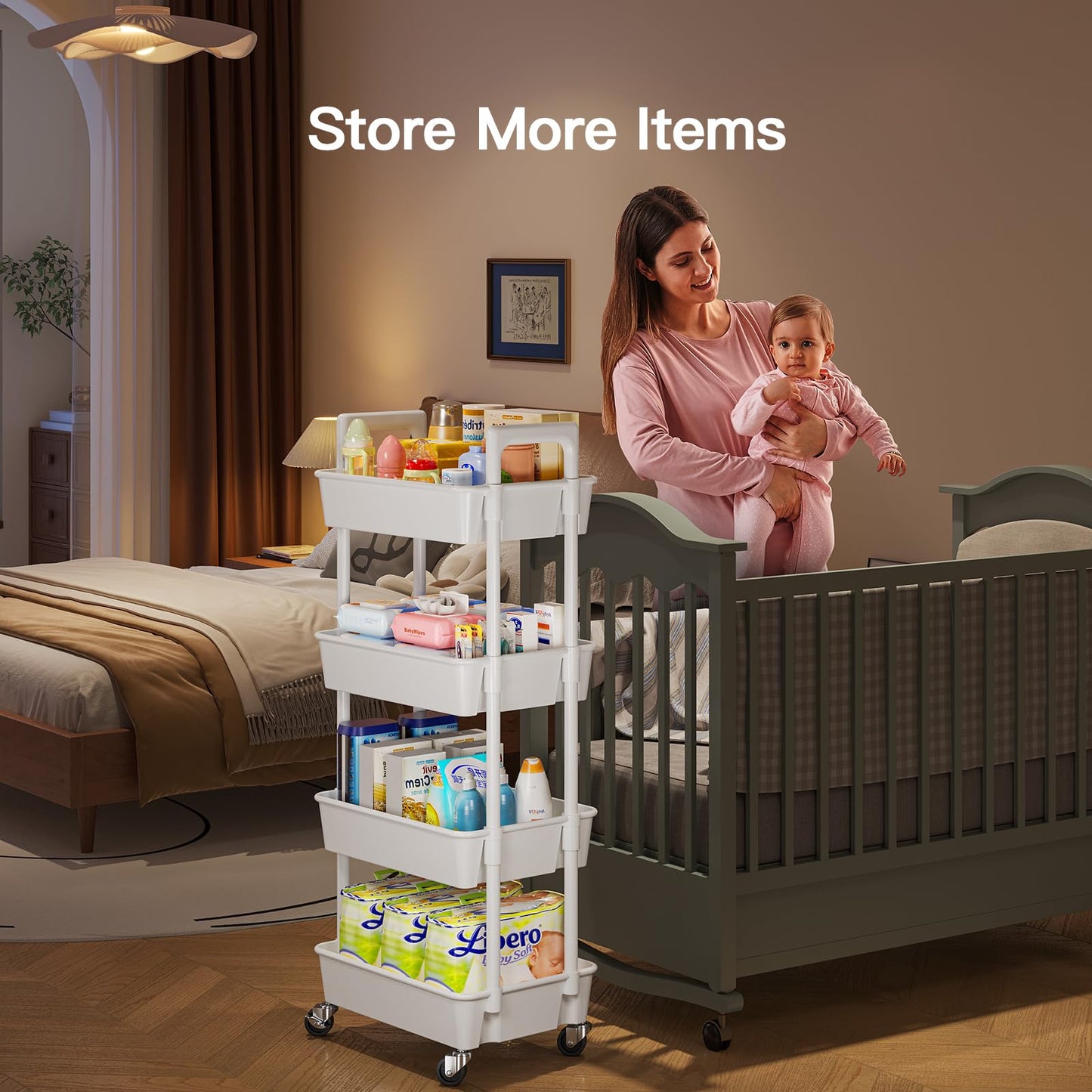 Pipishell 3 Tier Rolling Cart Organizer, Plastic Rolling Cart with Lockable Wheels & Reinforced Handle, Lightweight Utility Cart Storage Cart for Nursery, Kitchen, Bathroom, Craft Room, White, PIUC14W