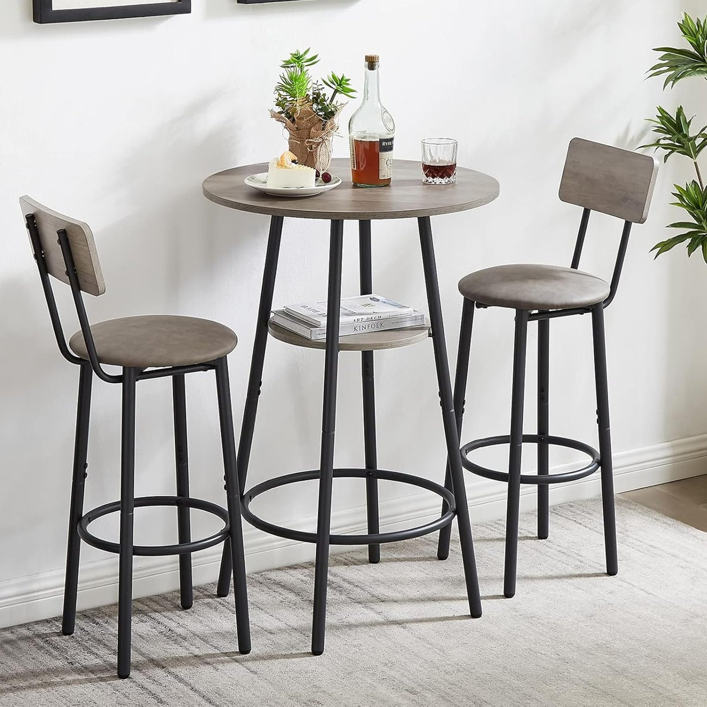 3-Piece Dining Table Set for 2, Small Round Kitchen Table with 2 Chairs, Counter Height Bar Table with Storage, Pub Table and PU Upholstery Stools for Small Space, Apartment, Bistro-Brown