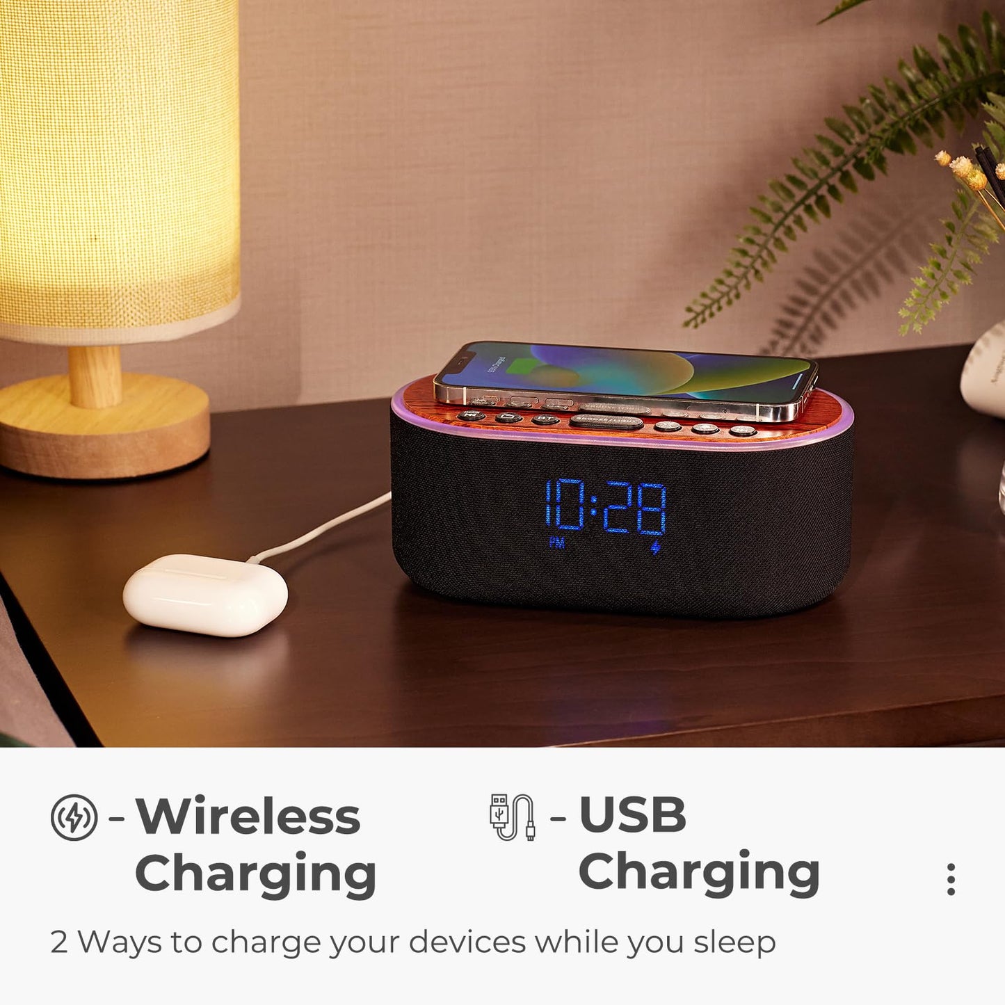 uscce Alarm Clock Bluetooth FM Radio: 10W Stereo Sound Speaker - Fast Wireless Charging for iPhone Samsung - Dimmable Clock Radio for Bedroom