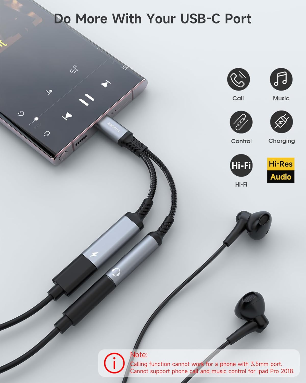 ZOOAUX USB C to 3.5mm Headphone and Charger Adapter,2 in 1 USB C to Aux Audio Jack with PD 60W Fast Charging Dongle Cable Cord for S23/S22/S21/S20 Ultra, iPad Pro, Pixel (Gray)