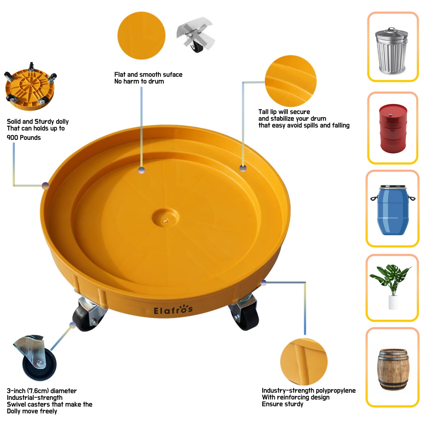 ELAFROS 30 Gallon and 55 Gallon Heavy Duty Plastic Drum Dolly – Durable Plastic Drum Cart 900 lb. Capacity- Barrel Dolly with 5 Swivel Casters Wheel,Blue