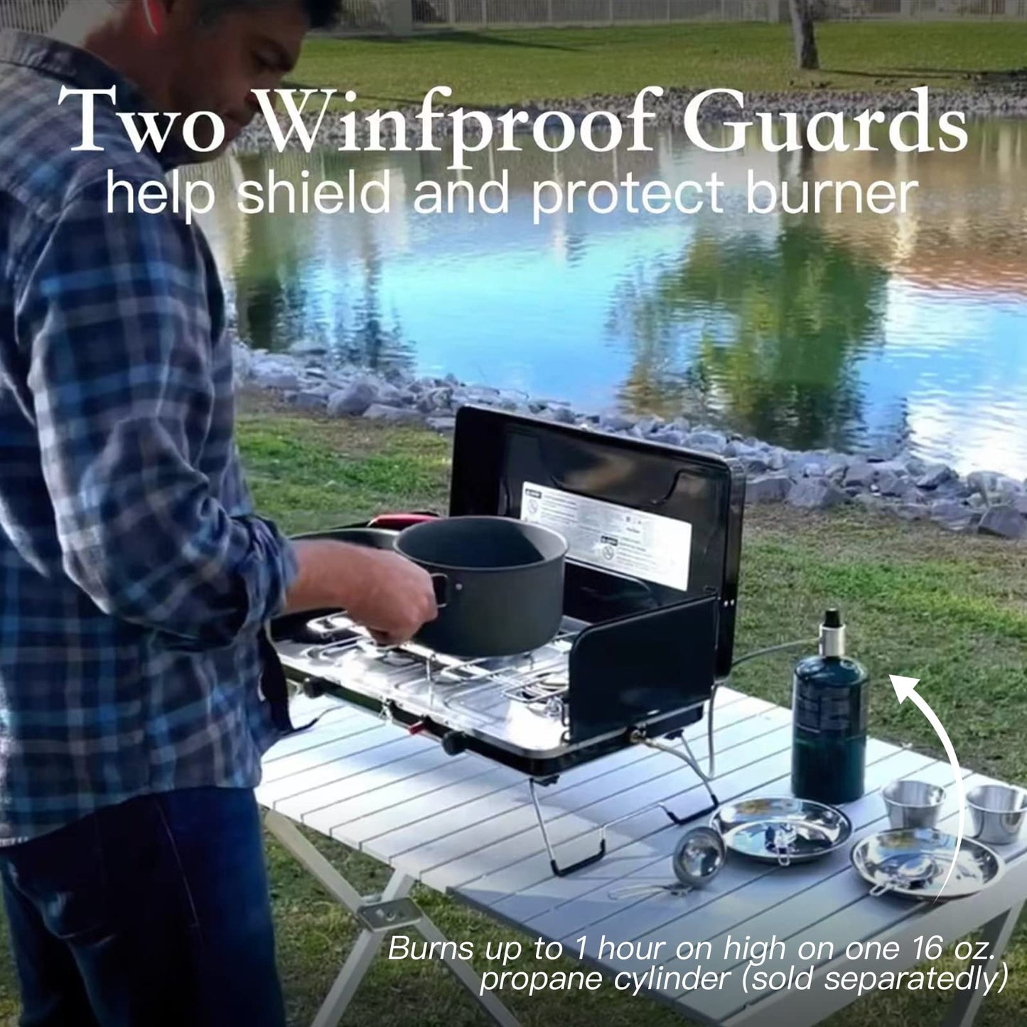 Camping Stove, 3 Burners Propane Portable Camp Stove with Regulator, Push-Button Instant Ignition, Adjustable Burners & Wind Guards for Car BBQ Picnics Outdoor Cooking (BEIGE-20400 BTUs)