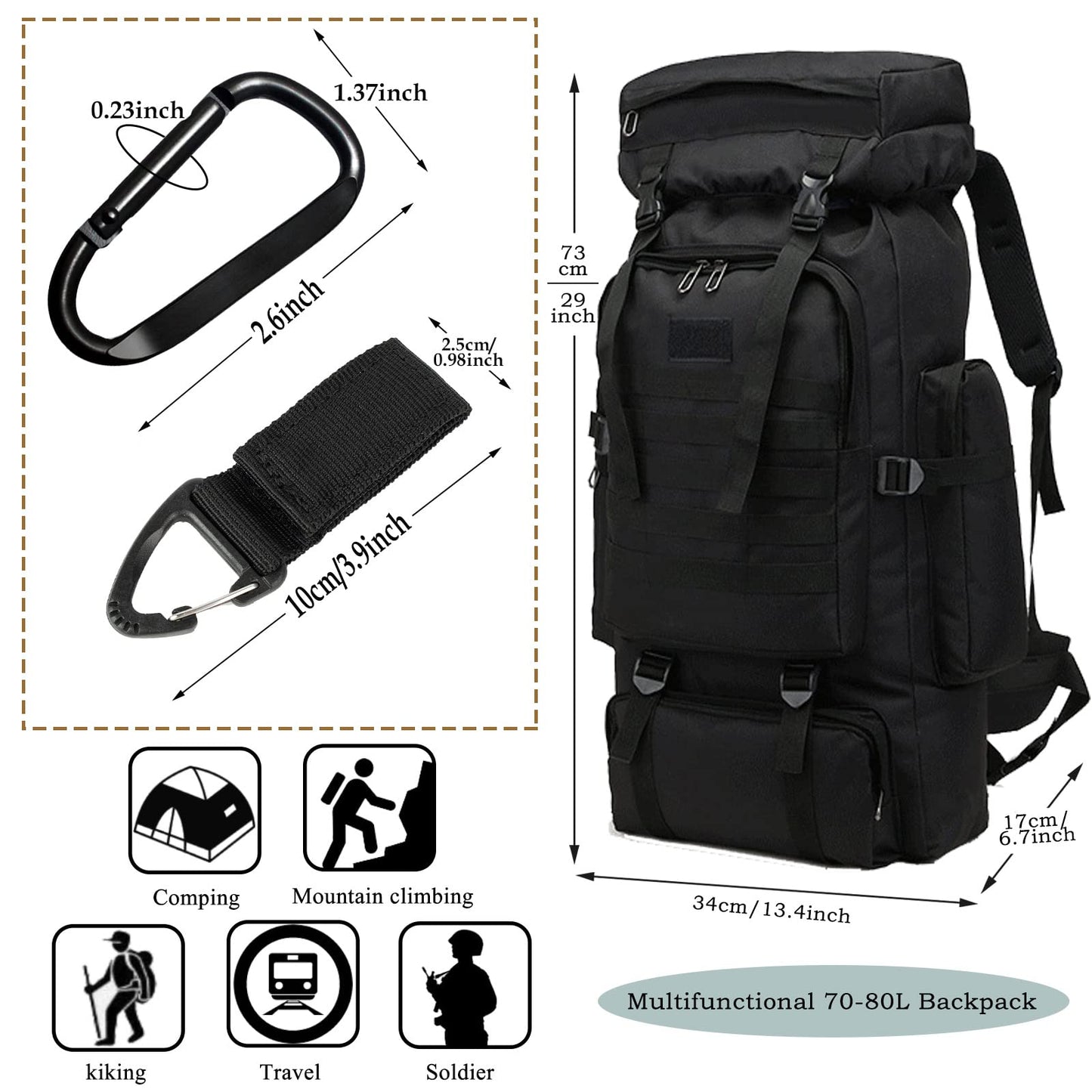 70L Hiking Backpack for Men, Waterproof Lightweight Camping Backpack, Military Rucksack with Molle, 3-Day Assault Pack for Travel, Climbing, Outdoor Sports (Green Camouflage)