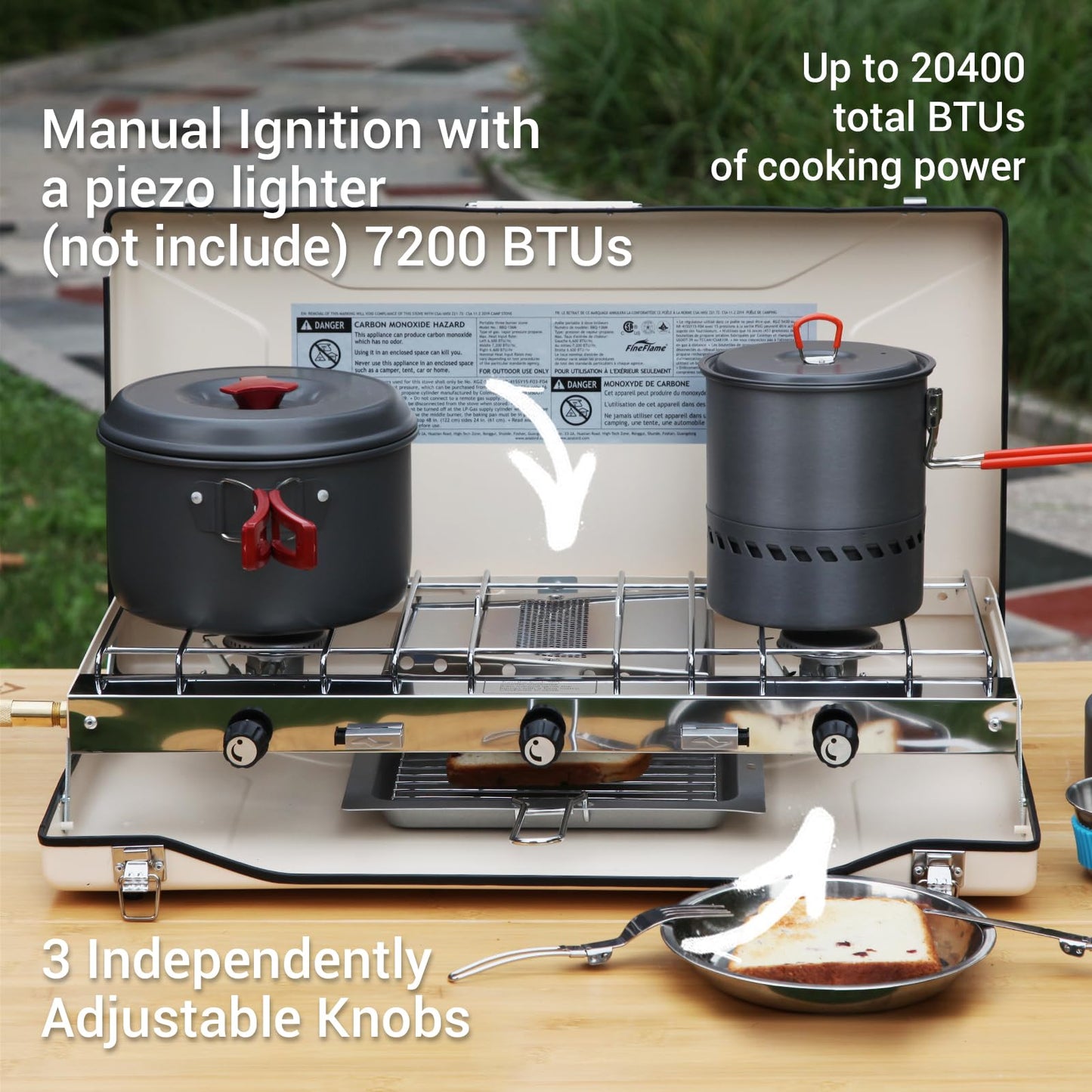 Camping Stove, 3 Burners Propane Portable Camp Stove with Regulator, Push-Button Instant Ignition, Adjustable Burners & Wind Guards for Car BBQ Picnics Outdoor Cooking (BEIGE-20400 BTUs)