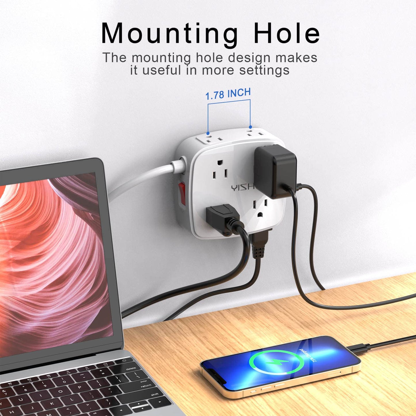 6 Ft Surge Protector Power Strip - 8 Widely Outlets with 4 USB Ports, 3 Side Outlet Extender with 6 Feet Extension Cord, Flat Plug, Wall Mount, Desk USB Charging Station, ETL,White