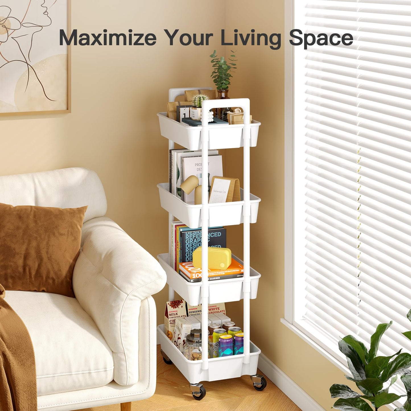 Pipishell 3 Tier Rolling Cart Organizer, Plastic Rolling Cart with Lockable Wheels & Reinforced Handle, Lightweight Utility Cart Storage Cart for Nursery, Kitchen, Bathroom, Craft Room, White, PIUC14W