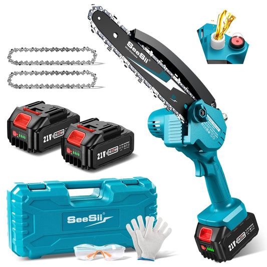 Seesii Mini Chainsaw, 6-inch Mini Chainsaw Cordless, Handheld Electric Power Chain Saw with 2 Batteries, for Tree Trimming Wood Cutting, Best Gifts for Father, Dad, Husband, Men