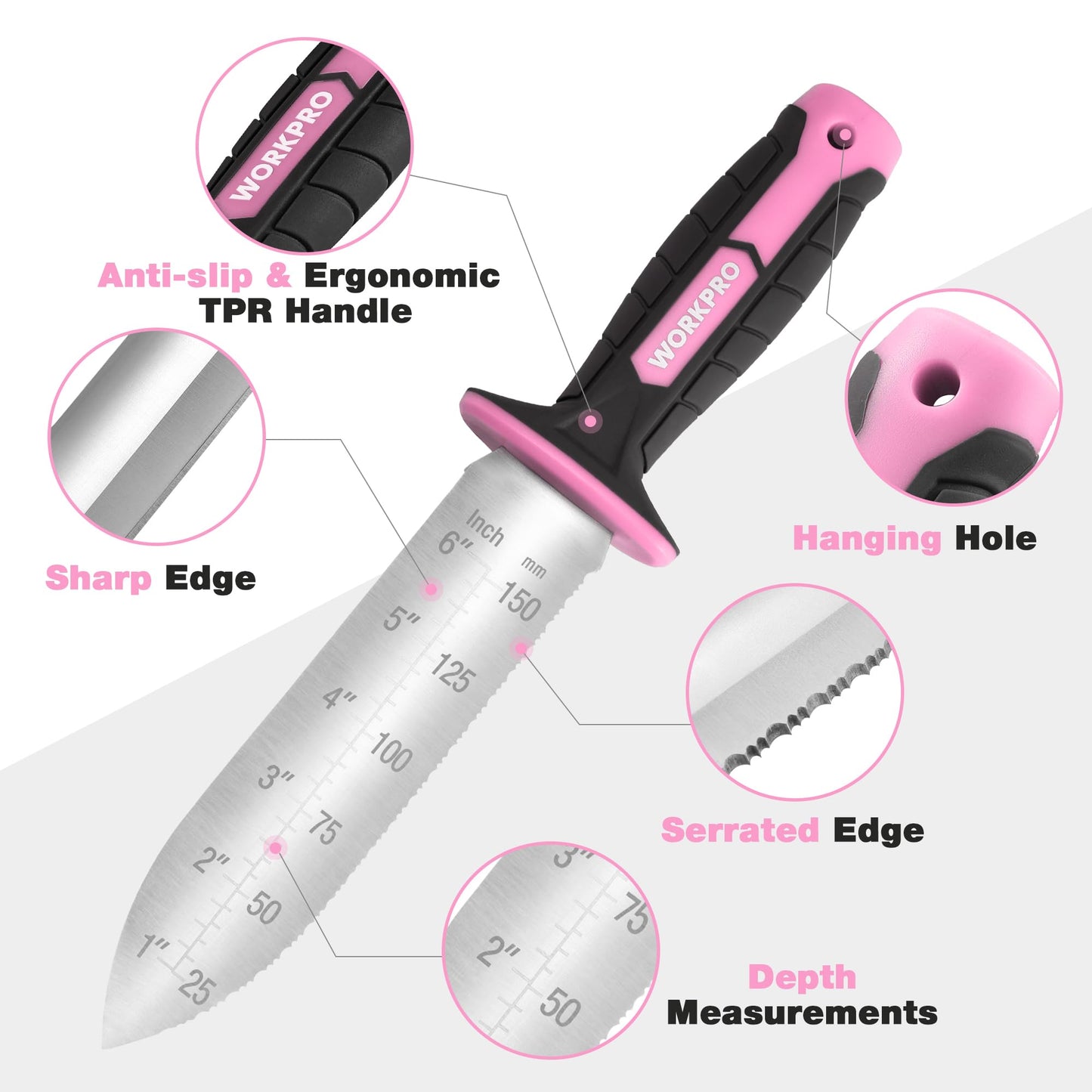 WORKPRO Hori Hori Garden Knife, 7" Stainless Steel Blade with Cutting Edge, Garden Tools with Oxford Sheath, Ergonomic TRP Handle with Hanging Hole for Weeding, Planting, Digging, Green