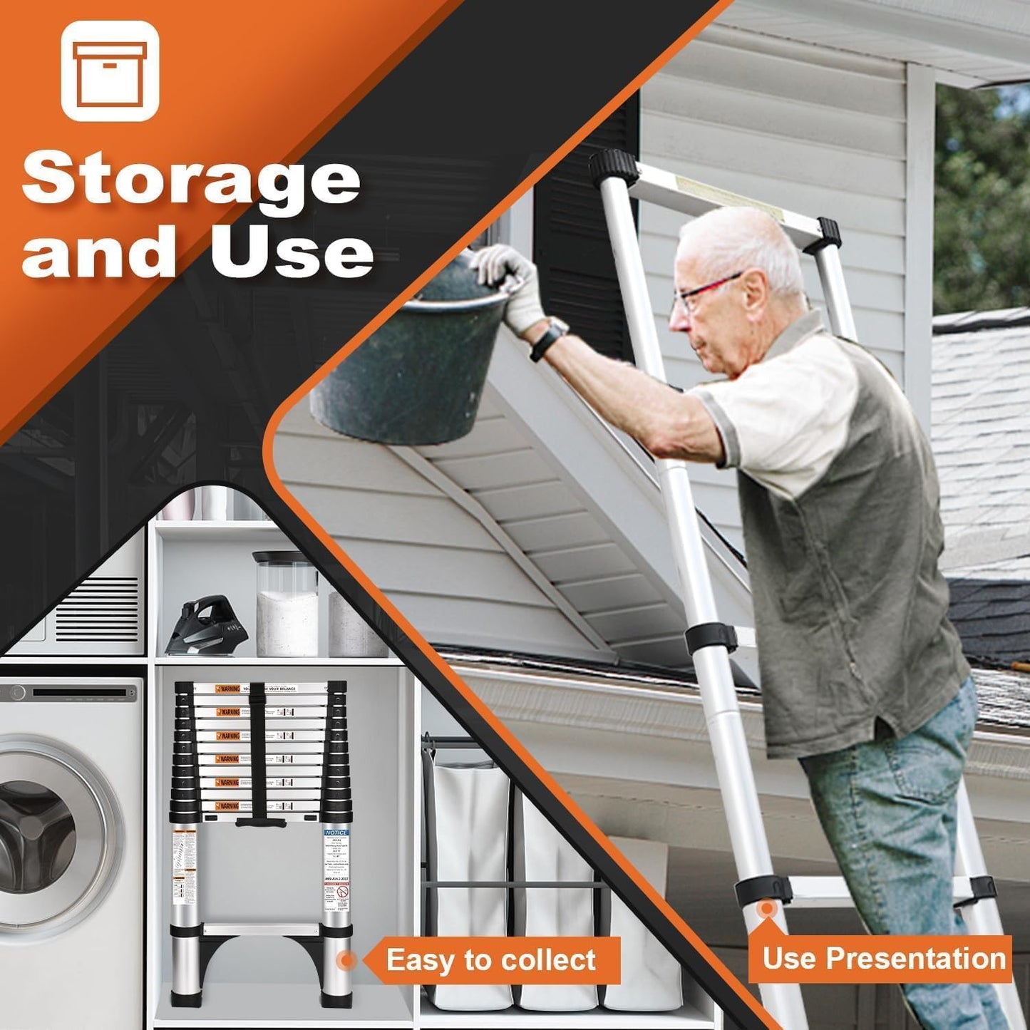 Telescoping Ladder, SocTone 12.5 FT Aluminum Lightweight Extension Ladder with 2 Triangle Stabilizers, Heavy Duty 330lbs Max Capacity, Multi-Purpose Collapsible Ladder for RV or Outdoor Work