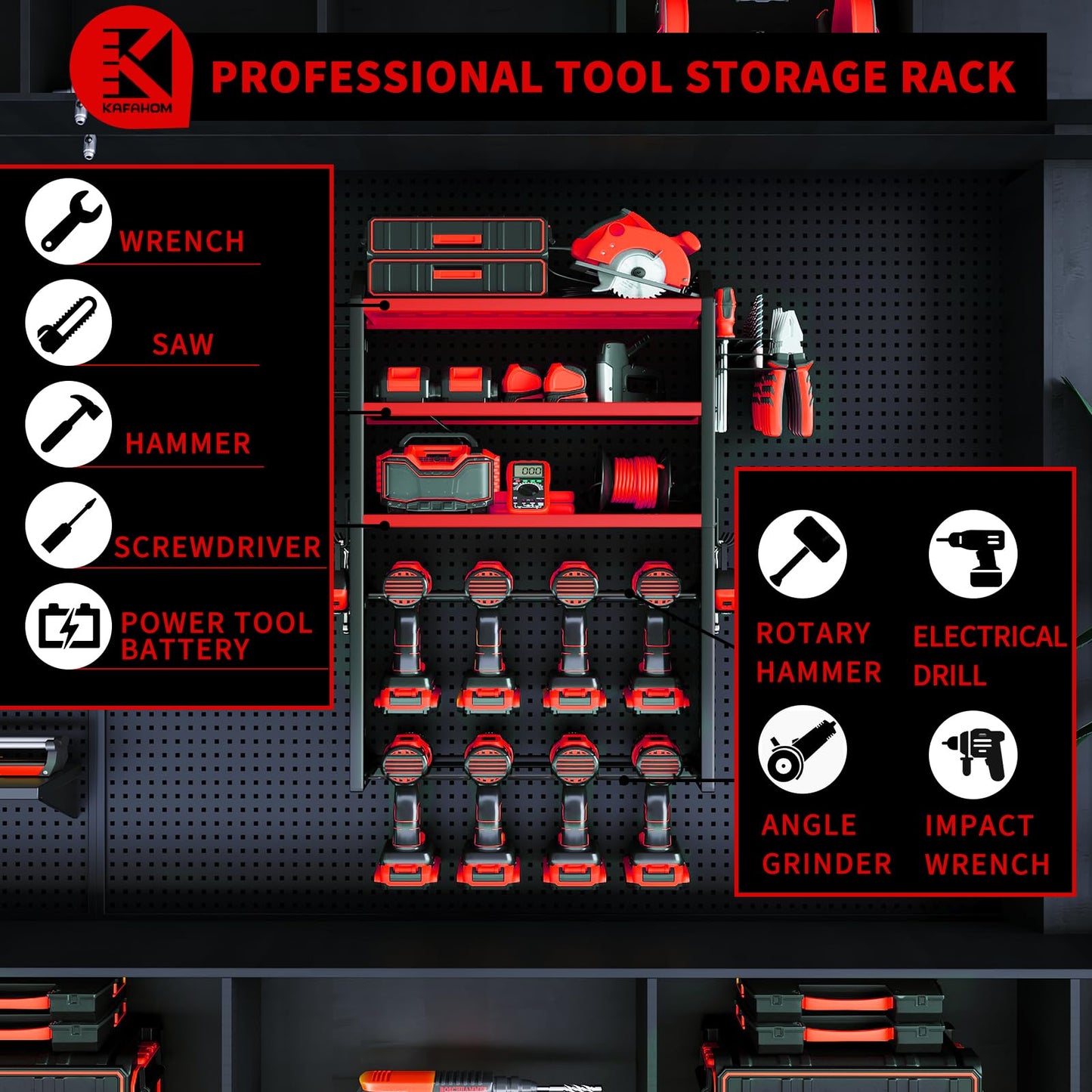 KAFAHOM Power Tool Organizer with Charging Station.Garage 8 Drill Holder Built in 8 Outlets Power Strip,Tool Storage Shelf Wall Mount,Tool Battery Organizer with Screwdriver/Hammer/Air Tool Rack