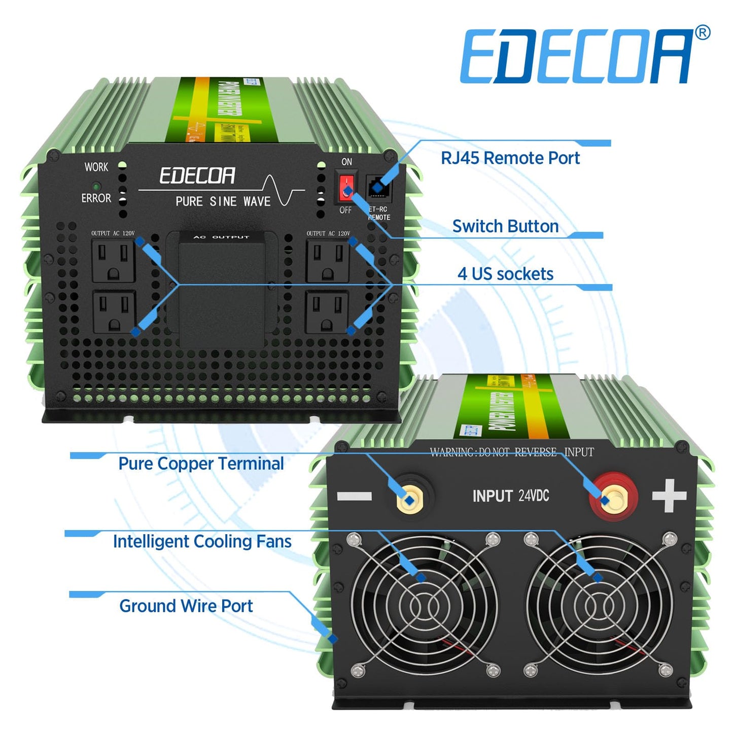 EDECOA Pure Sine Wave Power Inverter 3500W DC 12V to AC 120V with LCD Display and Remote Controller 4 AC Outlets and 1 Terminal Block