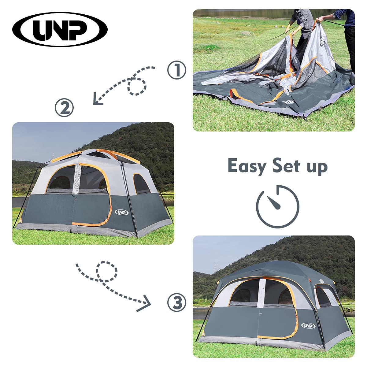 UNP Tents 6 Person Waterproof Windproof Easy Setup,Double Layer Family Camping Tent with 1 Mesh Door & 5 Large Mesh Windows -10'X9'X78in(H)