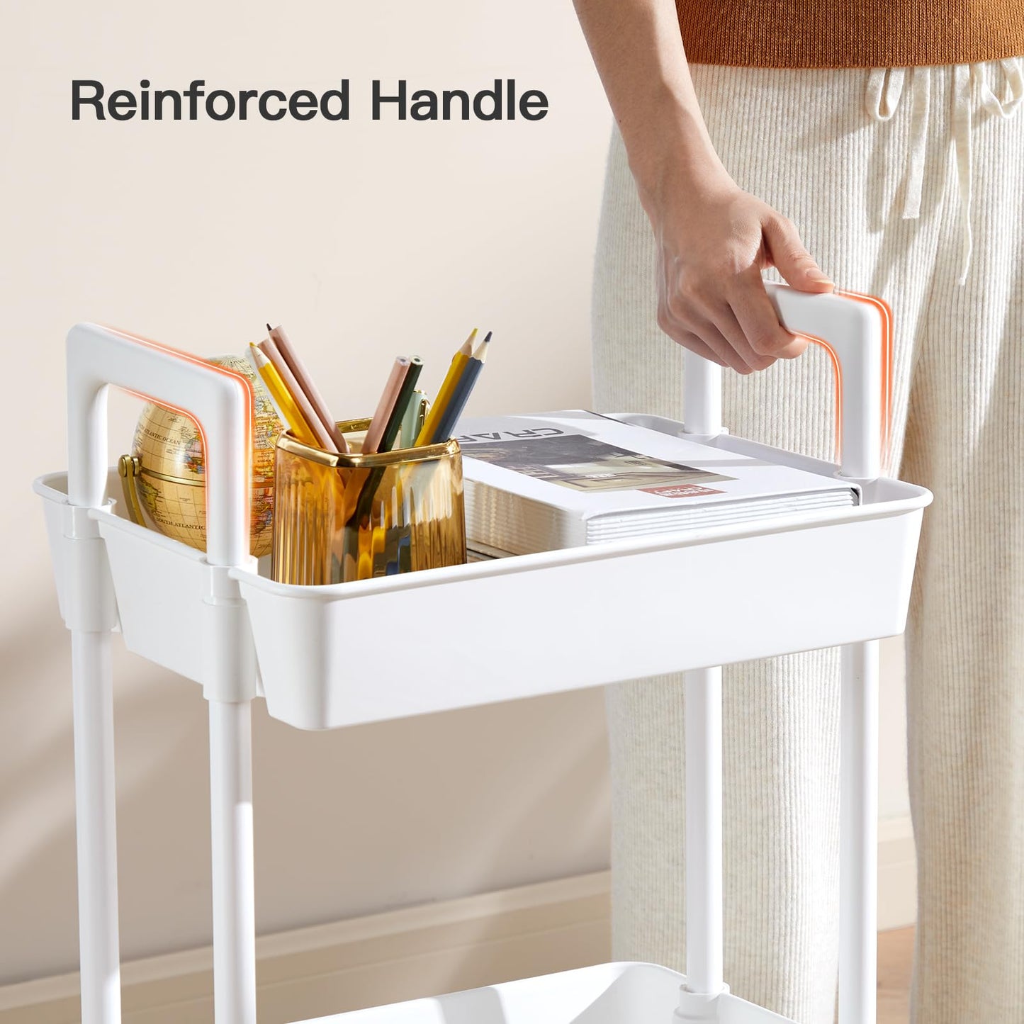 Pipishell 3 Tier Rolling Cart Organizer, Plastic Rolling Cart with Lockable Wheels & Reinforced Handle, Lightweight Utility Cart Storage Cart for Nursery, Kitchen, Bathroom, Craft Room, White, PIUC14W