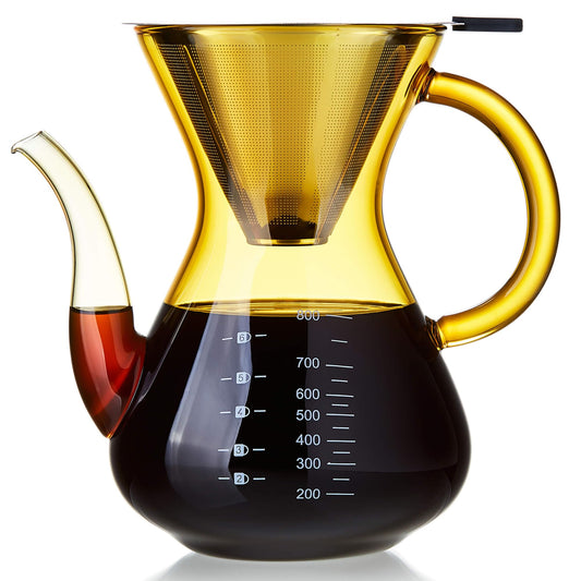 Unbreakable - Pour Over Coffee Maker with Double Stainless Filter 34 fl oz, Thickened Heat-Resistant Borosilicate Glass Pour Over Coffee Dripper, Stovetop Safe