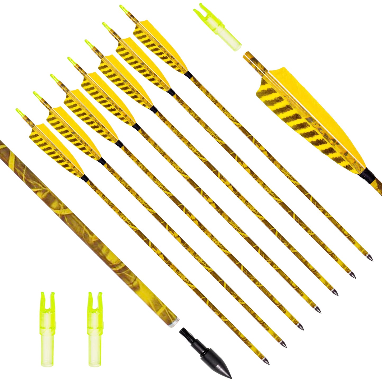 31Inch Carbon Arrow, Practice Hunting Arrows, Camo Turkey Feather Fletching, Arrows for Compound & Recurve Bow with Removable Tips Adjustable Nocks