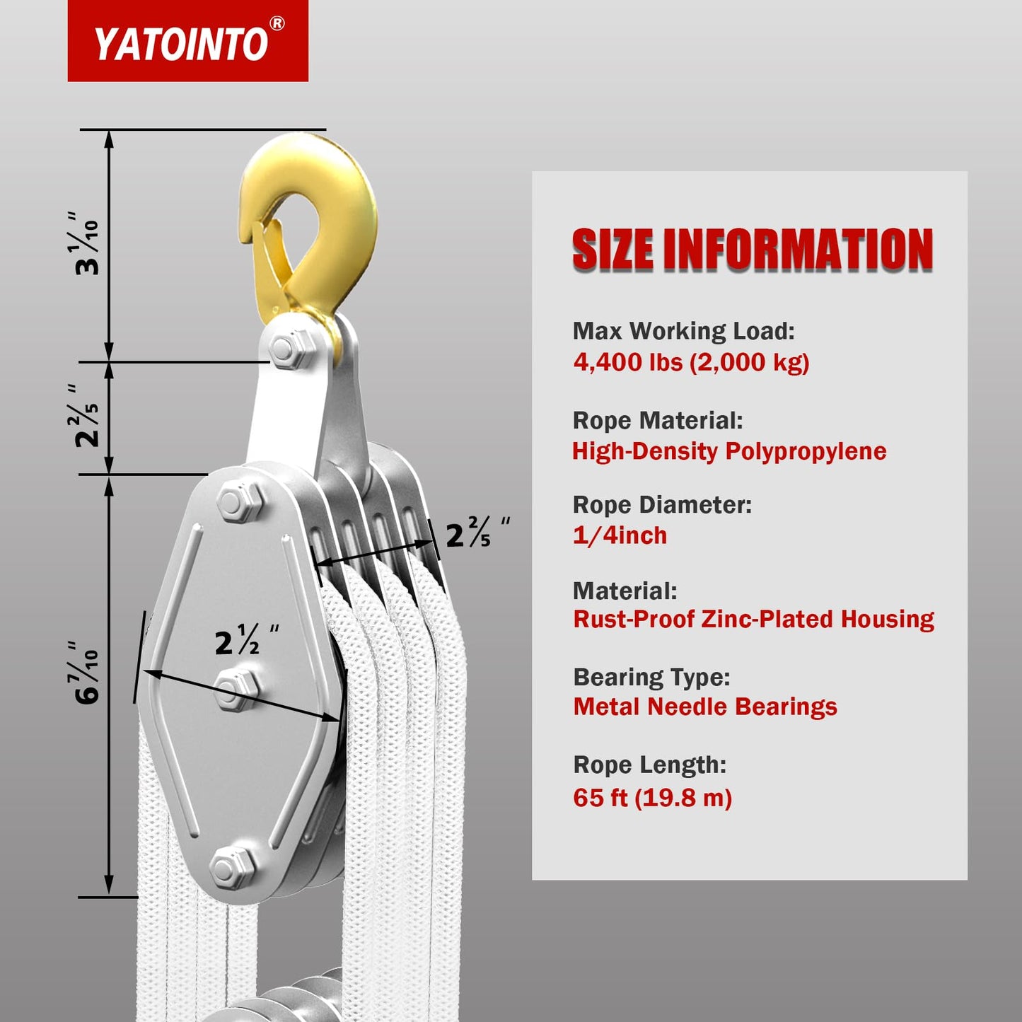 Rope Hoist Pulley System, 4400LB Pulley Block and Tackle, 8:1 Ratio Lifting Power 65ft, Heavy Duty Pulley Block for Lifting Pulling (with 2PCs Straps)