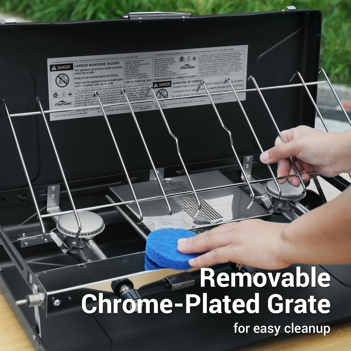 Camping Stove, 3 Burners Propane Portable Camp Stove with Regulator, Push-Button Instant Ignition, Adjustable Burners & Wind Guards for Car BBQ Picnics Outdoor Cooking (BEIGE-20400 BTUs)