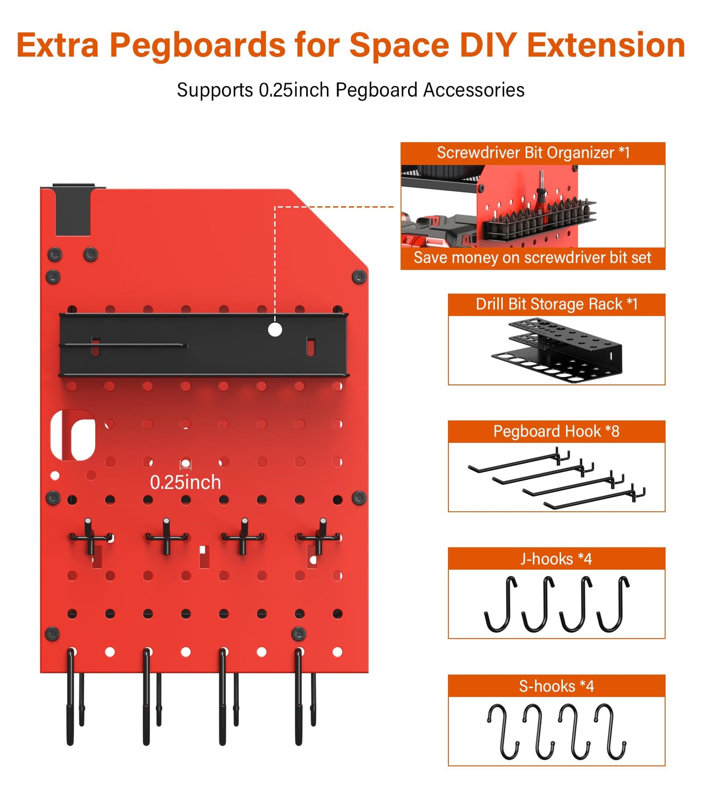 JUNNUJ Large Pegboard Power Tool Organizer with Charging Station, 8 Drills Driver and Tools Battery Holder Wall Mount with 8 Outlet Power Strip, Black 3-Layer Shop Garage Storage Utility Rack