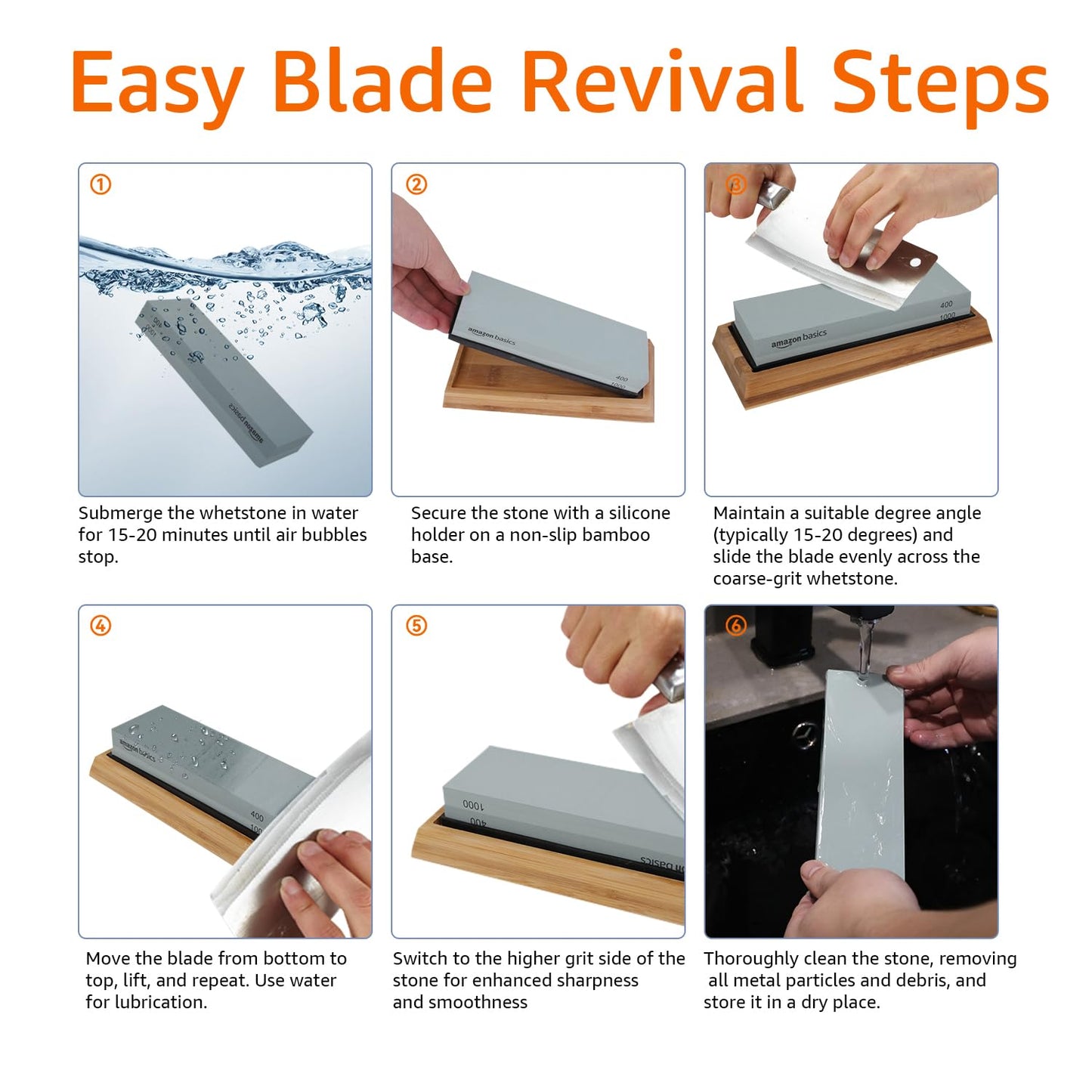 Amazon Basics Whetstone Knife Sharpening Wet Stone Dual Sided 400/1000 Grit with Non-Slip 1 Pc, Bamboo Base, Black & Grey