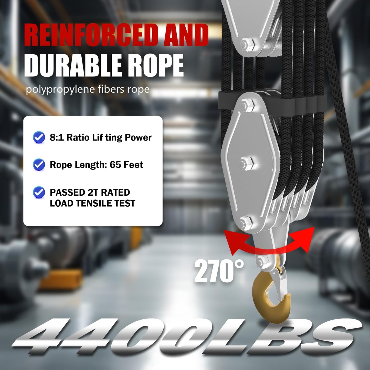 Rope Hoist Pulley System, 4400LB Pulley Block and Tackle, 8:1 Ratio Lifting Power 65ft, Heavy Duty Pulley Block for Lifting Pulling (with 2PCs Straps)