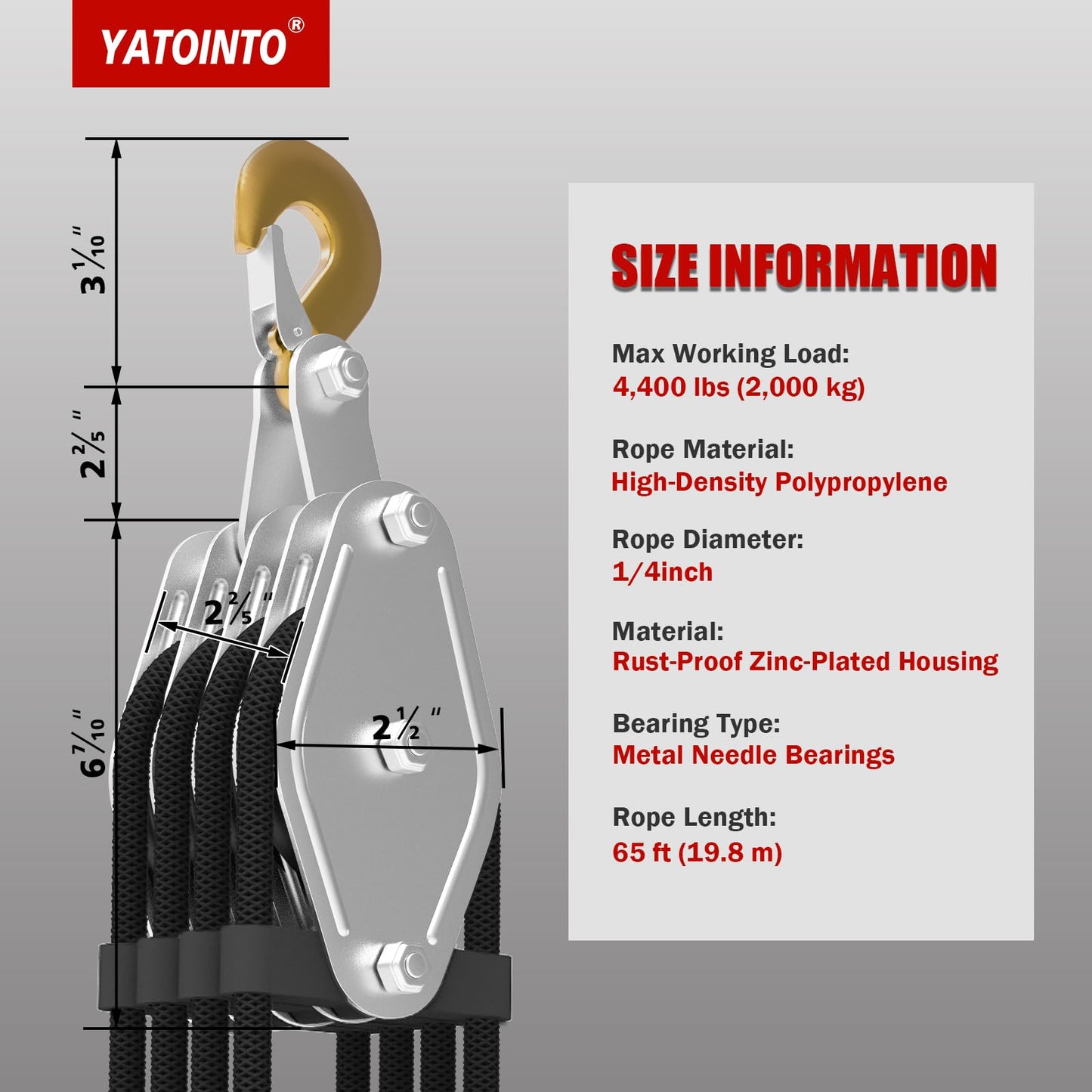 Rope Hoist Pulley System, 4400LB Pulley Block and Tackle, 8:1 Ratio Lifting Power 65ft, Heavy Duty Pulley Block for Lifting Pulling (with 2PCs Straps)