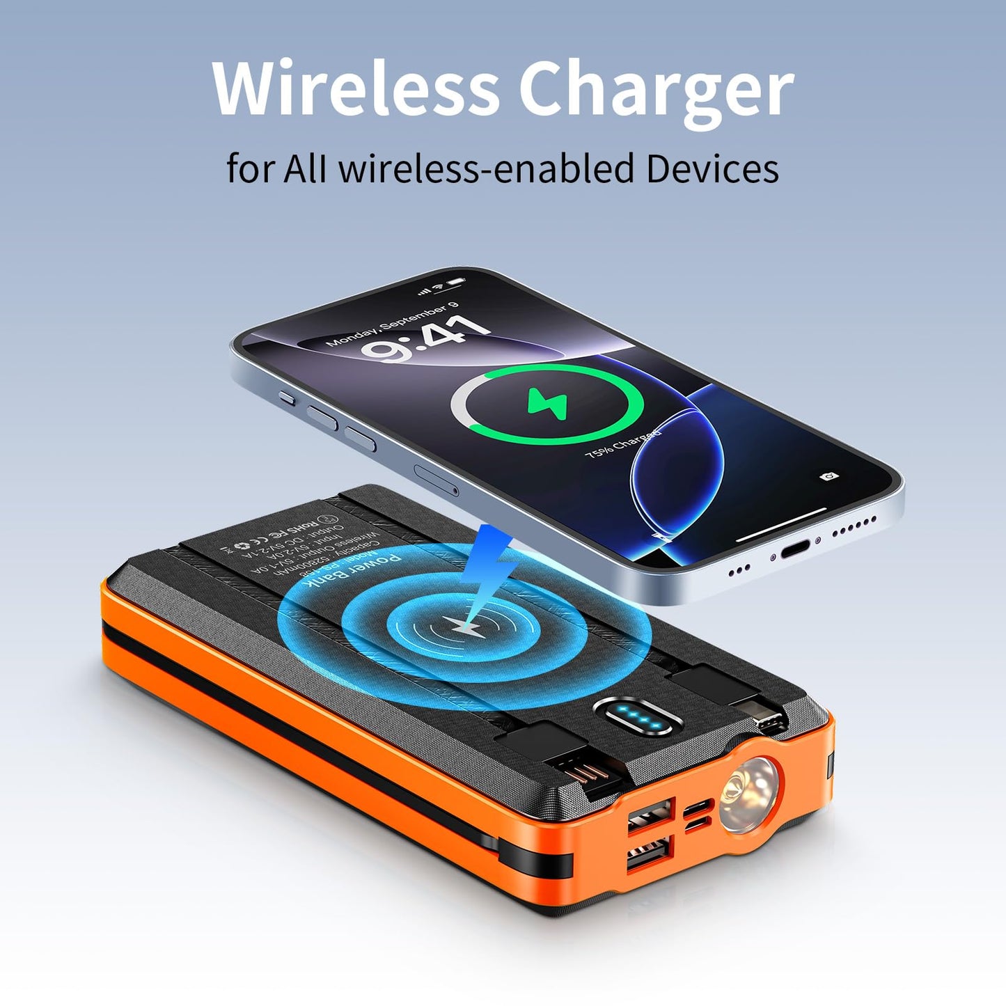 Portable Charger Solar Power Bank 52800mAh 5V/3A Fast Charging Battery Pack with Built in 4 Cables 2 Outputs & LED Flashlight for Cell Phone Camping and Hiking