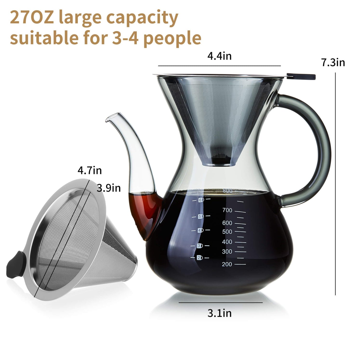 Unbreakable - Pour Over Coffee Maker with Double Stainless Filter 34 fl oz, Thickened Heat-Resistant Borosilicate Glass Pour Over Coffee Dripper, Stovetop Safe