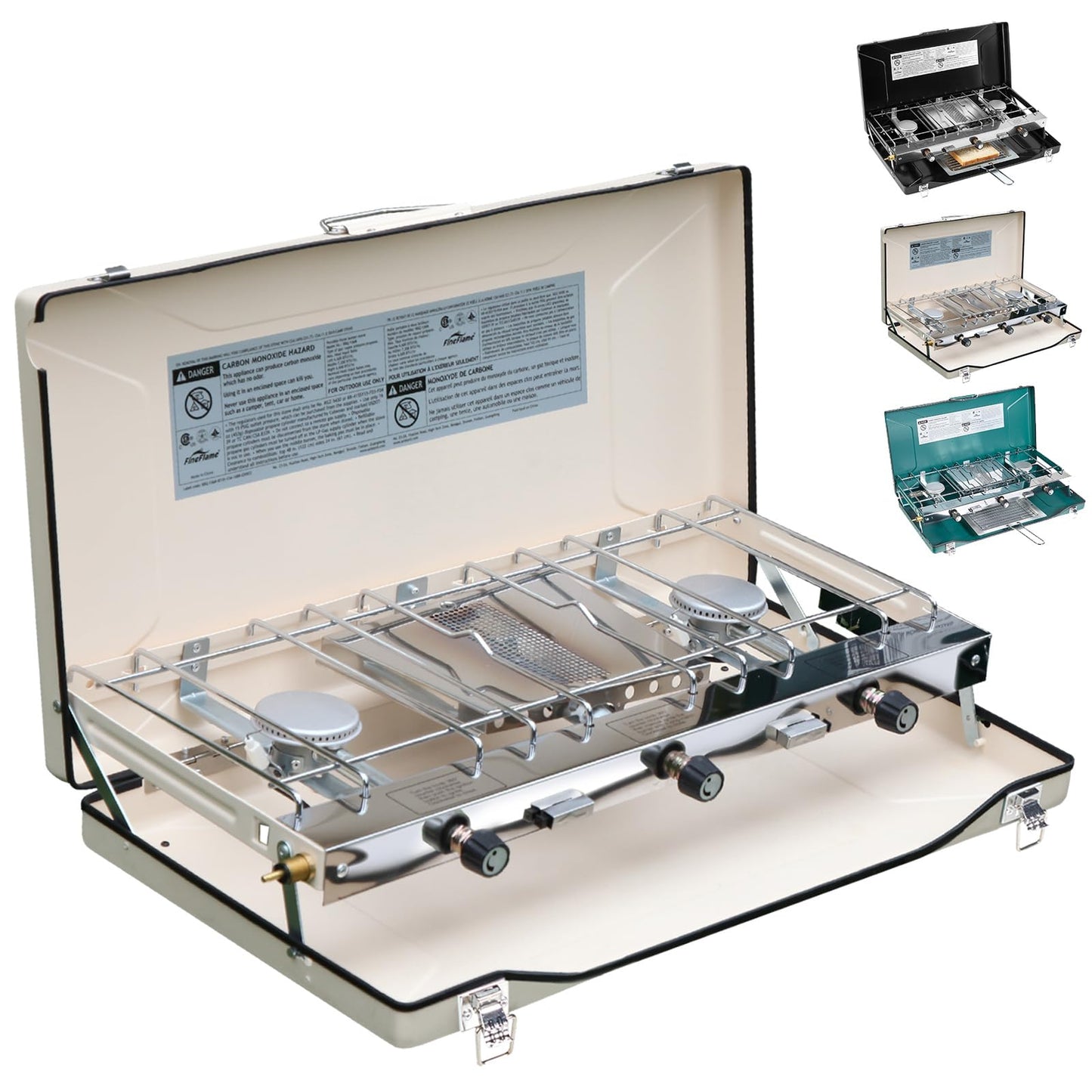 Camping Stove, 3 Burners Propane Portable Camp Stove with Regulator, Push-Button Instant Ignition, Adjustable Burners & Wind Guards for Car BBQ Picnics Outdoor Cooking (BEIGE-20400 BTUs)