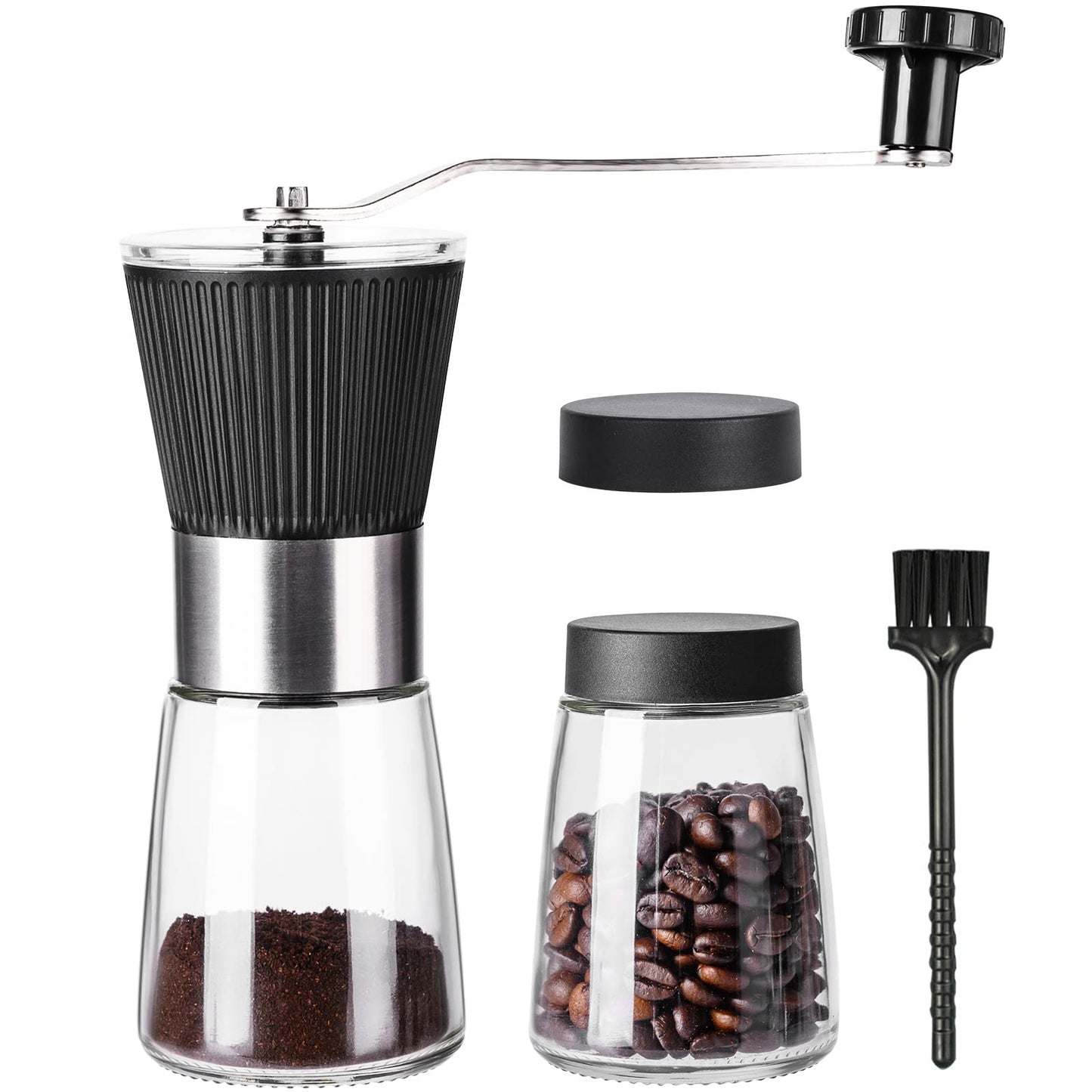 PARACITY Manual Coffee Bean Grinder with Ceramic Burr, Hand Coffee Grinder Mill Small with 2 Glass Jars( 11OZ per Jar) Stainless Steel Handle for Drip Coffee, Espresso, French Press, Turkish Brew