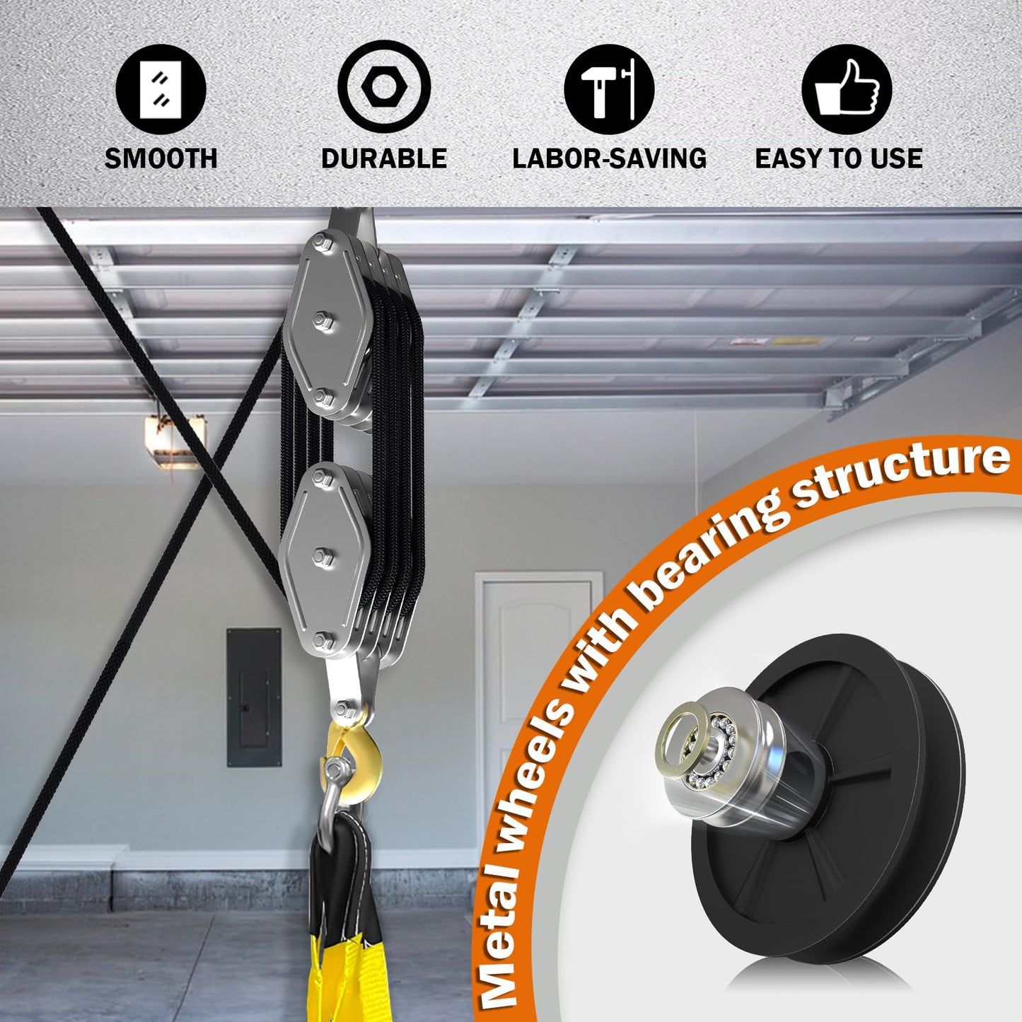 Rope Hoist Pulley System, 4400LB Pulley Block and Tackle, 8:1 Ratio Lifting Power 65ft, Heavy Duty Pulley Block for Lifting Pulling (with 2PCs Straps)