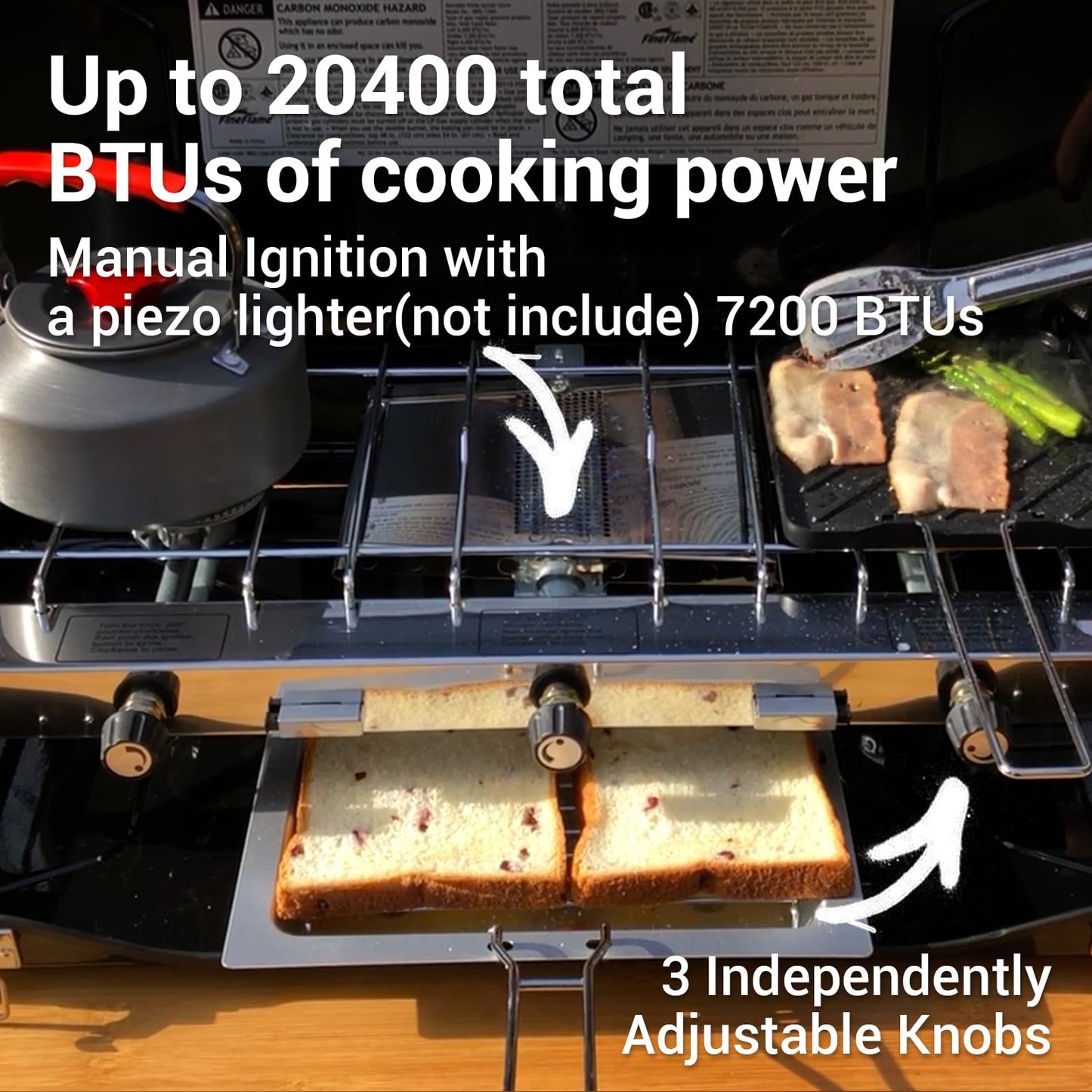 Camping Stove, 3 Burners Propane Portable Camp Stove with Regulator, Push-Button Instant Ignition, Adjustable Burners & Wind Guards for Car BBQ Picnics Outdoor Cooking (BEIGE-20400 BTUs)