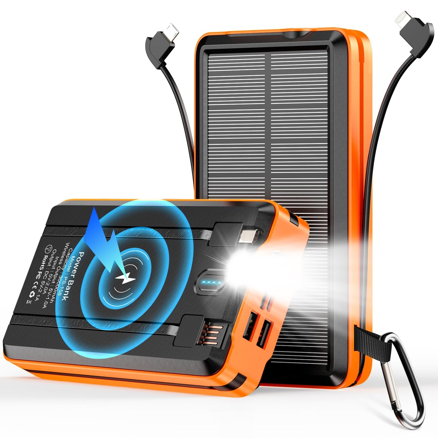 Portable Charger Solar Power Bank 52800mAh 5V/3A Fast Charging Battery Pack with Built in 4 Cables 2 Outputs & LED Flashlight for Cell Phone Camping and Hiking