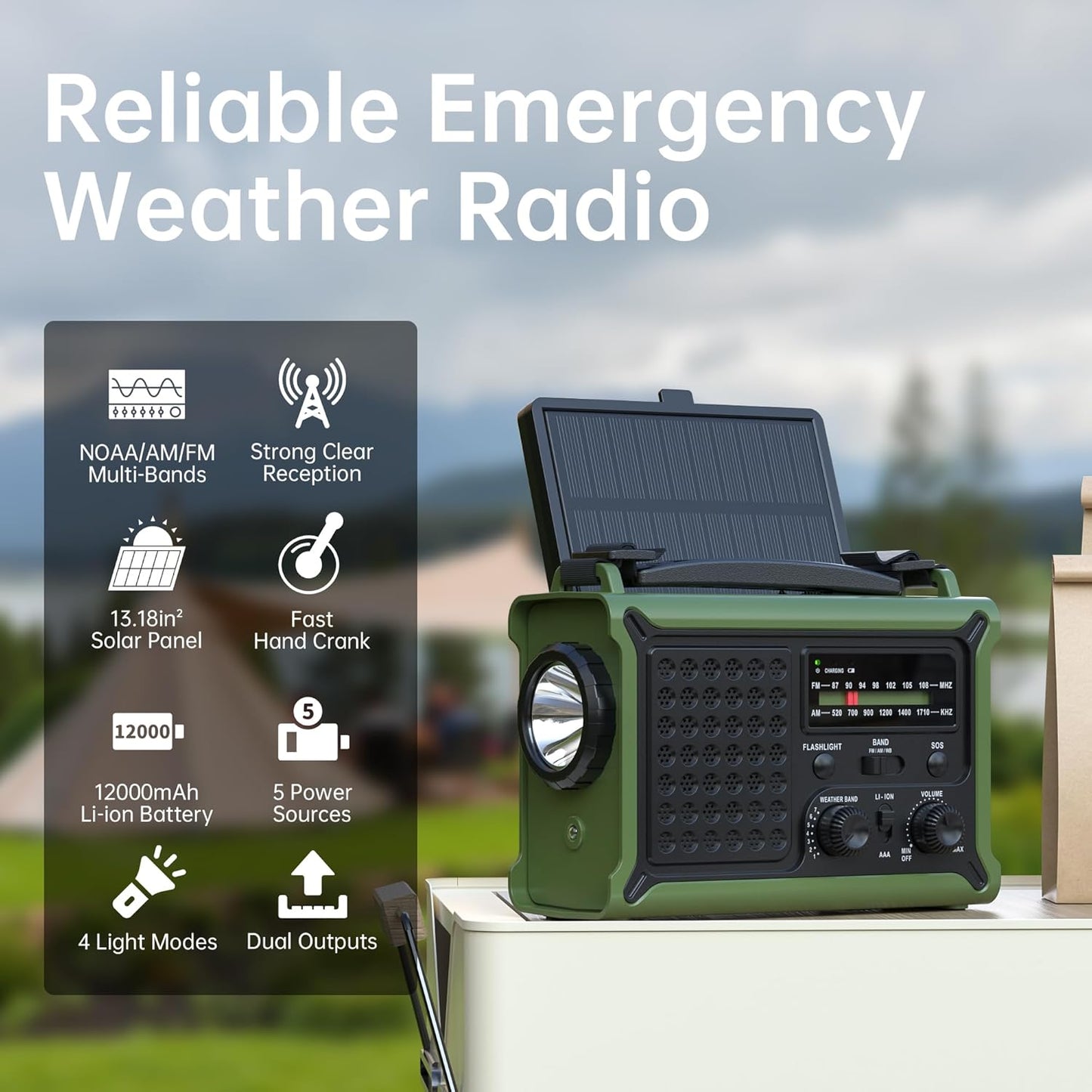 Solar Radio Emergency Hand Crank 12000mAh with Clear Signal, AM FM NOAA Weather Radio Battery Operated with 2-Mode LED Flashlight Cell Phone Charger Dual Outputs SOS