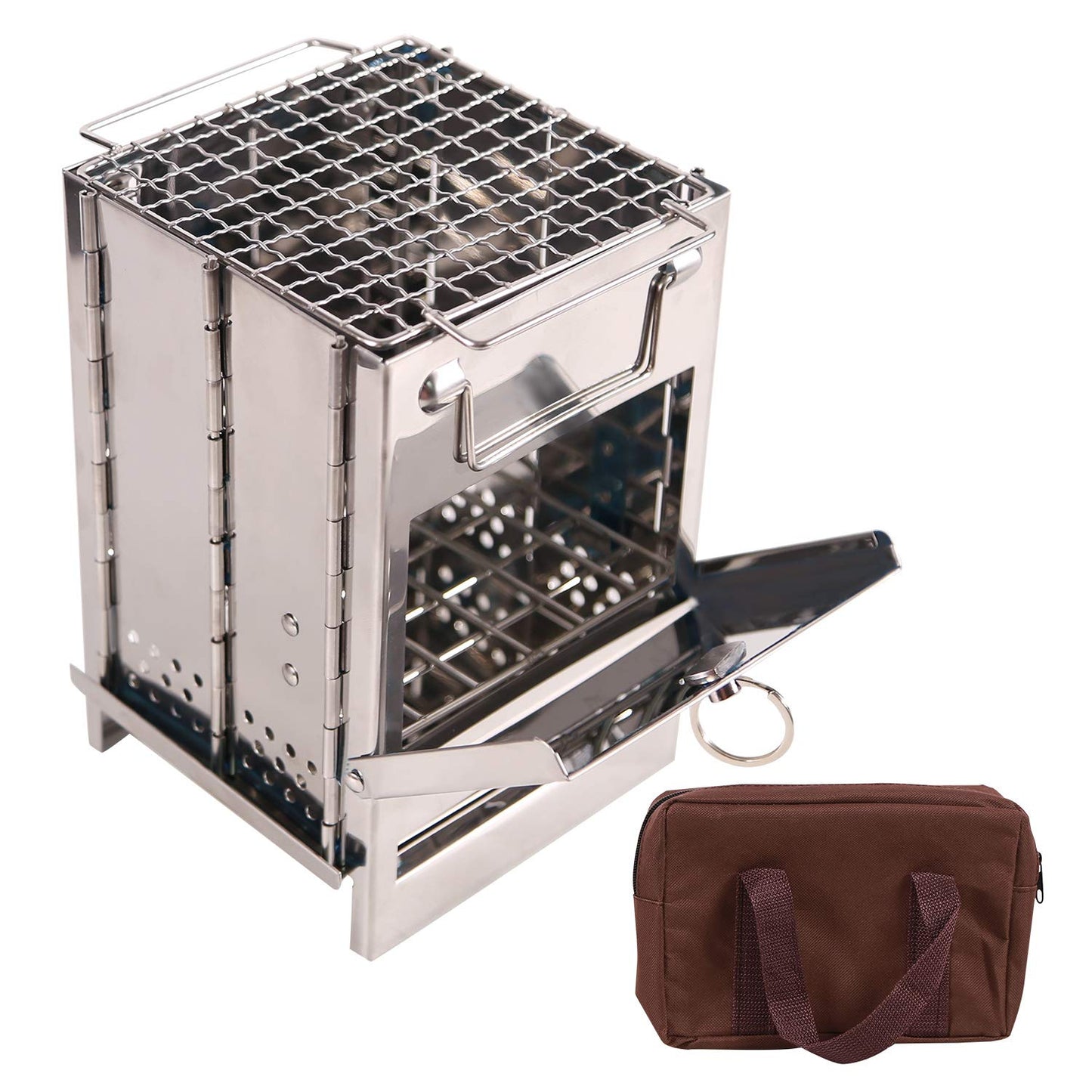 Portable Folding Camping Wood Stove for Outdoor Cooking, Lightweight Stainless Steel Wood Burning Camp Stove with Grill for Backpacking BBQ Picnic, Small