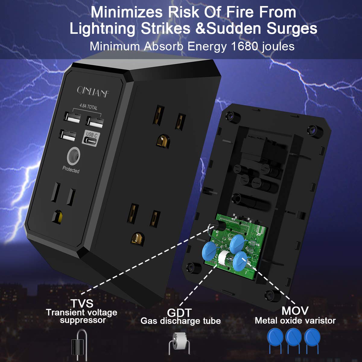 Wall Charger, Surge Protector, QINLIANF 5 Outlet Extender with 4 USB Charging Ports (4.8A Total) 3-Sided 1680J Power Strip Multi Plug Adapter Spaced for Home Travel Office (3U1C)