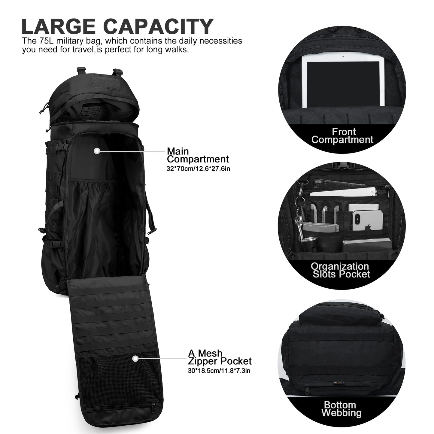 Mardingtop 75L Molle Hiking Internal Frame Backpacks with Rain Cover for Camping,Backpacking,Travelling