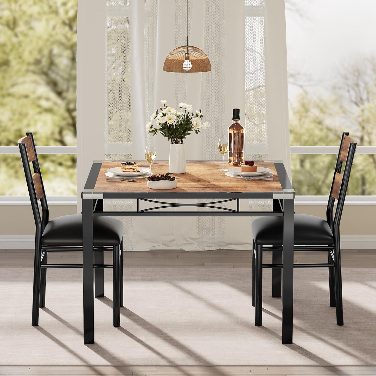 IDEALHOUSE Dining Table Set for 2, Kitchen Table with 2 Upholstered Chairs, Wood 3-Piece Kitchen Dining Room Set with Corner Protector for Small Space, Kitchen Room, Apartment, Rustic Gray