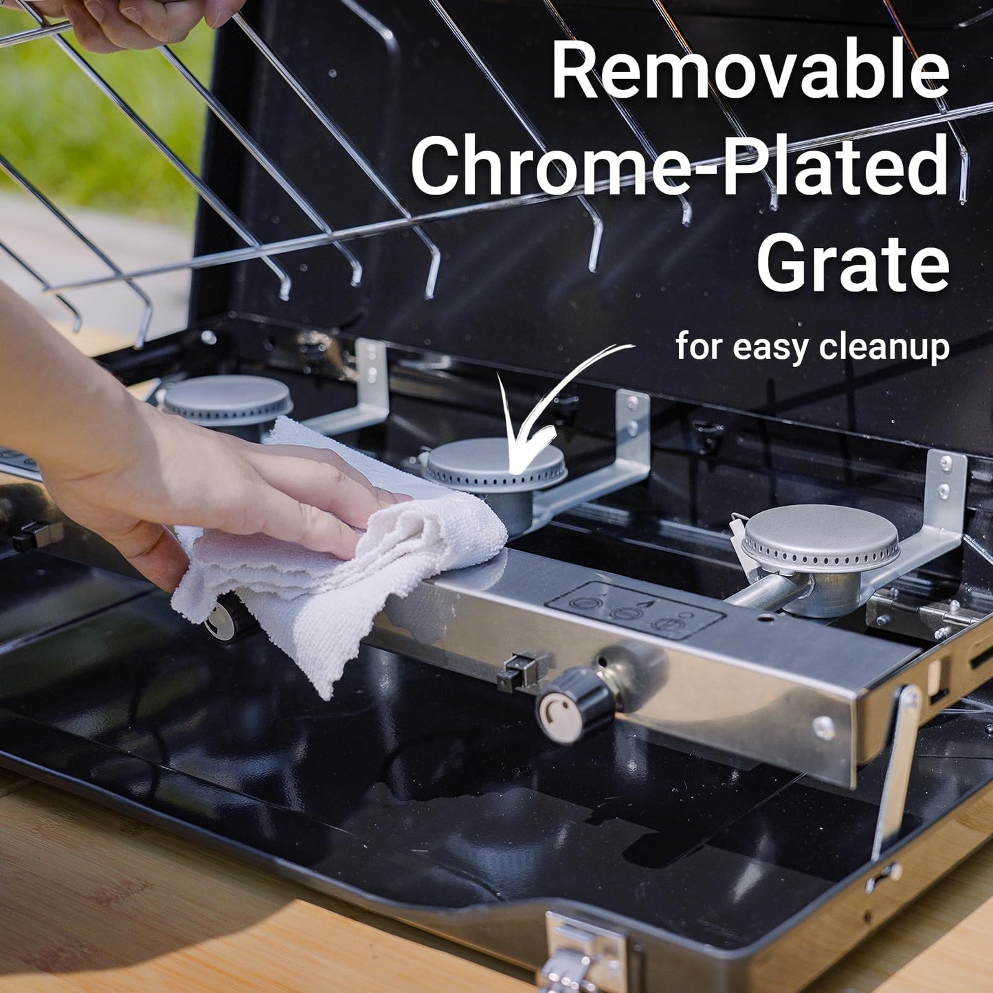 Camping Stove, 3 Burners Propane Portable Camp Stove with Regulator, Push-Button Instant Ignition, Adjustable Burners & Wind Guards for Car BBQ Picnics Outdoor Cooking (BEIGE-20400 BTUs)