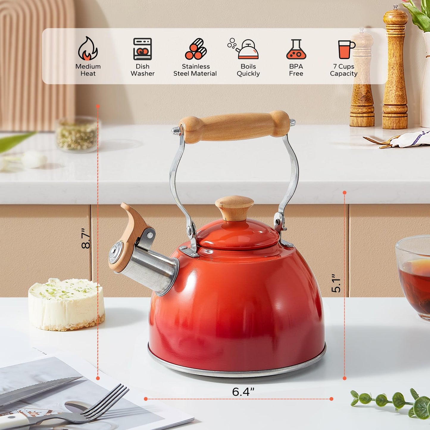 ROCKURWOK Tea Kettle, Tea Pot with Cool Touch Ergonomic Handle, Teapot Food Grade Stainless Steel, Tea Kettle Stovetop, Kettle Teapot, Whistling Tea Kettle, Small Tea Kettle, 1.6 Quart (Green)