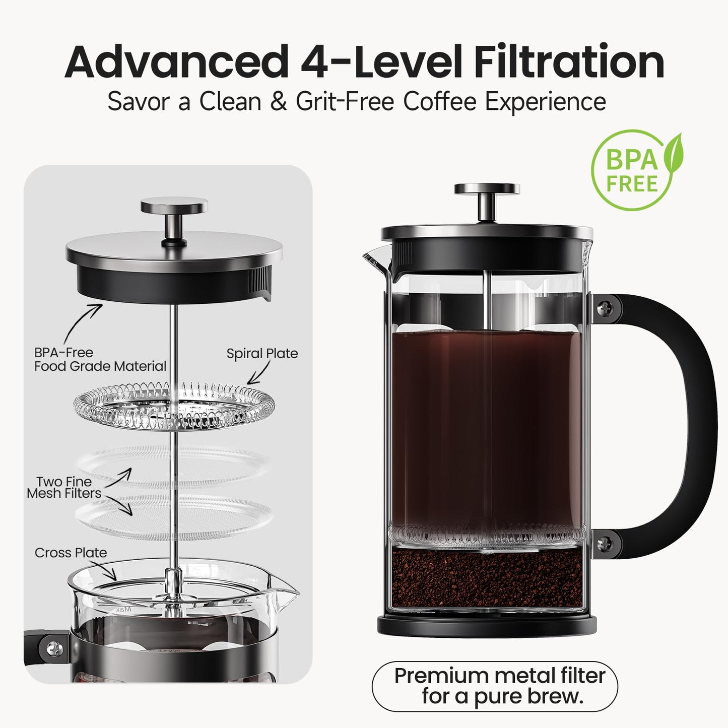 BAYKA French Press Coffee Maker, Large 304 Stainless Steel Coffee Press, Cold Brew Heat Resistant Thickened Borosilicate Coffee Pot for Camping Travel Gifts, 34 Ounce, Dark Pewter