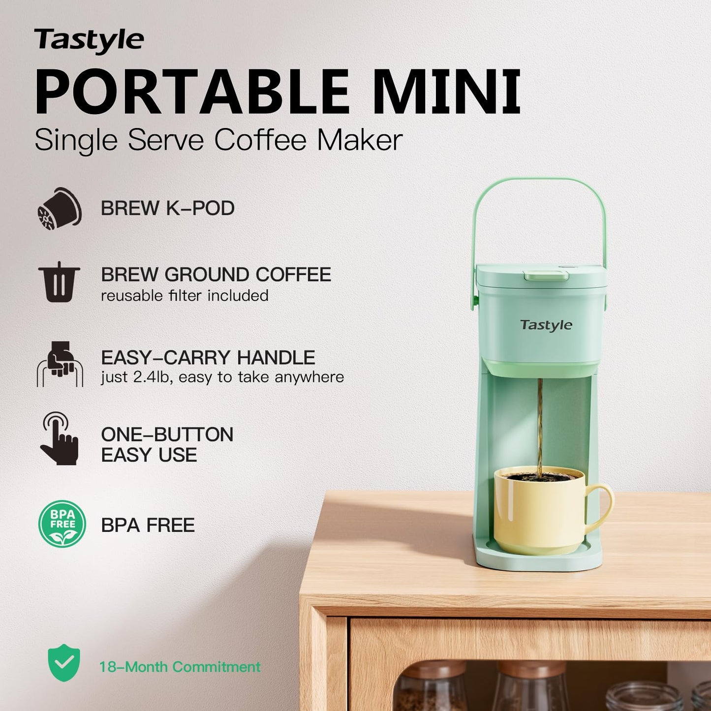 Single Serve One Cup Coffee Maker, for K Cups and Grounds, Mini Coffee Maker with Portable Handle, 6 to 12 Oz Brew Size, for Travel, Camping, Office, RV and Dorm, 120V, Black and Gold